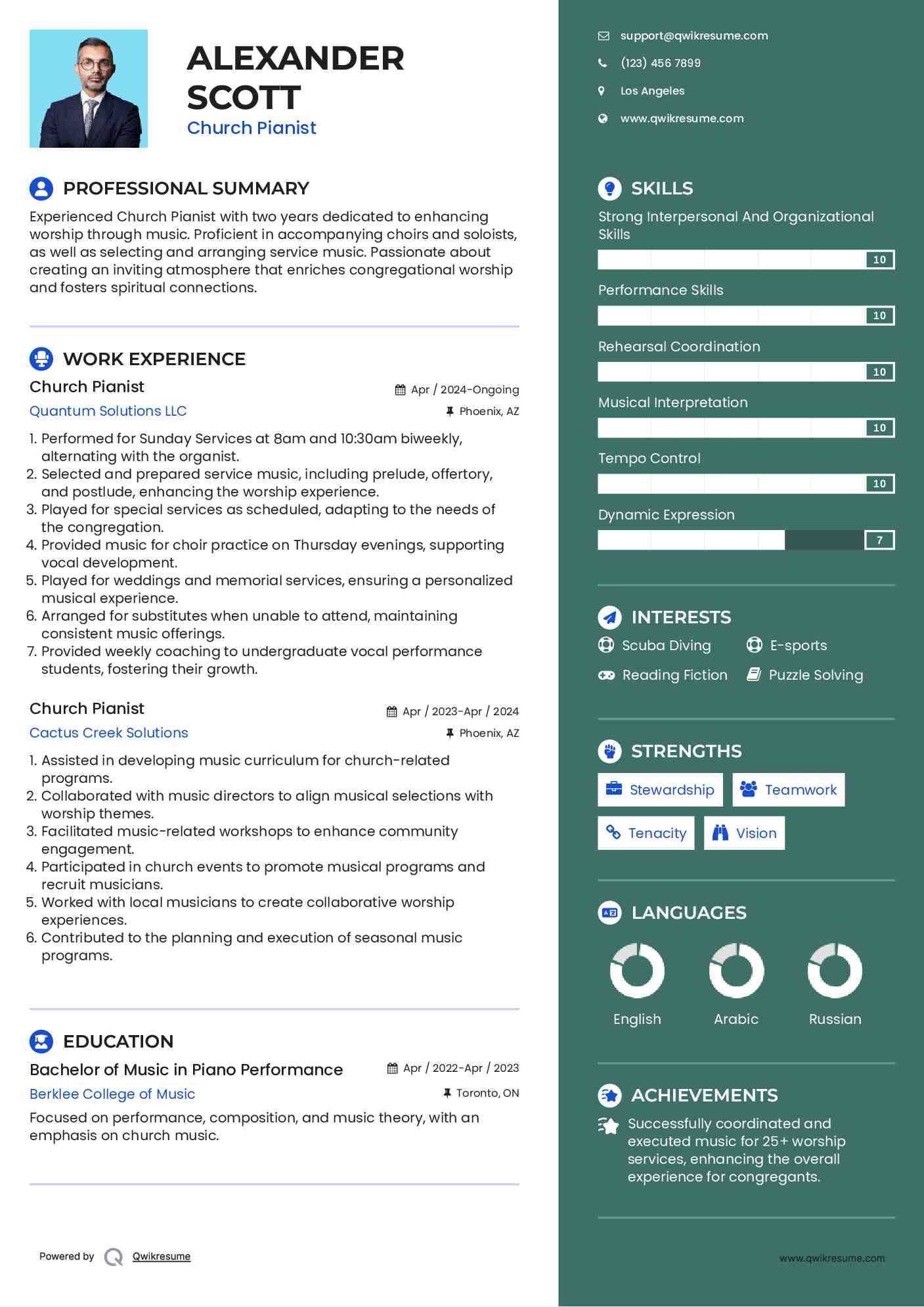 Church Pianist Resume Example