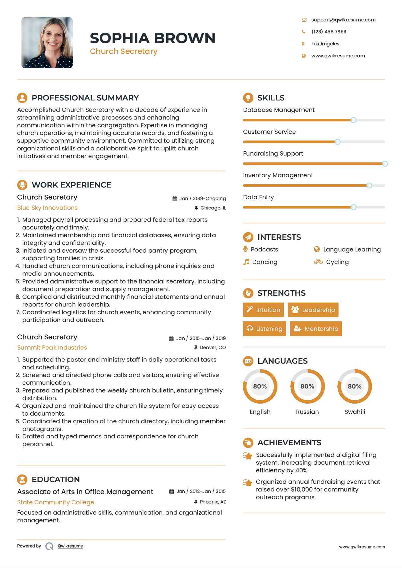 Church Secretary Resume Template