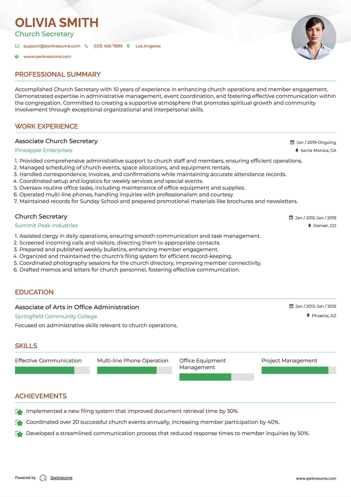 Associate Church Secretary Resume Format