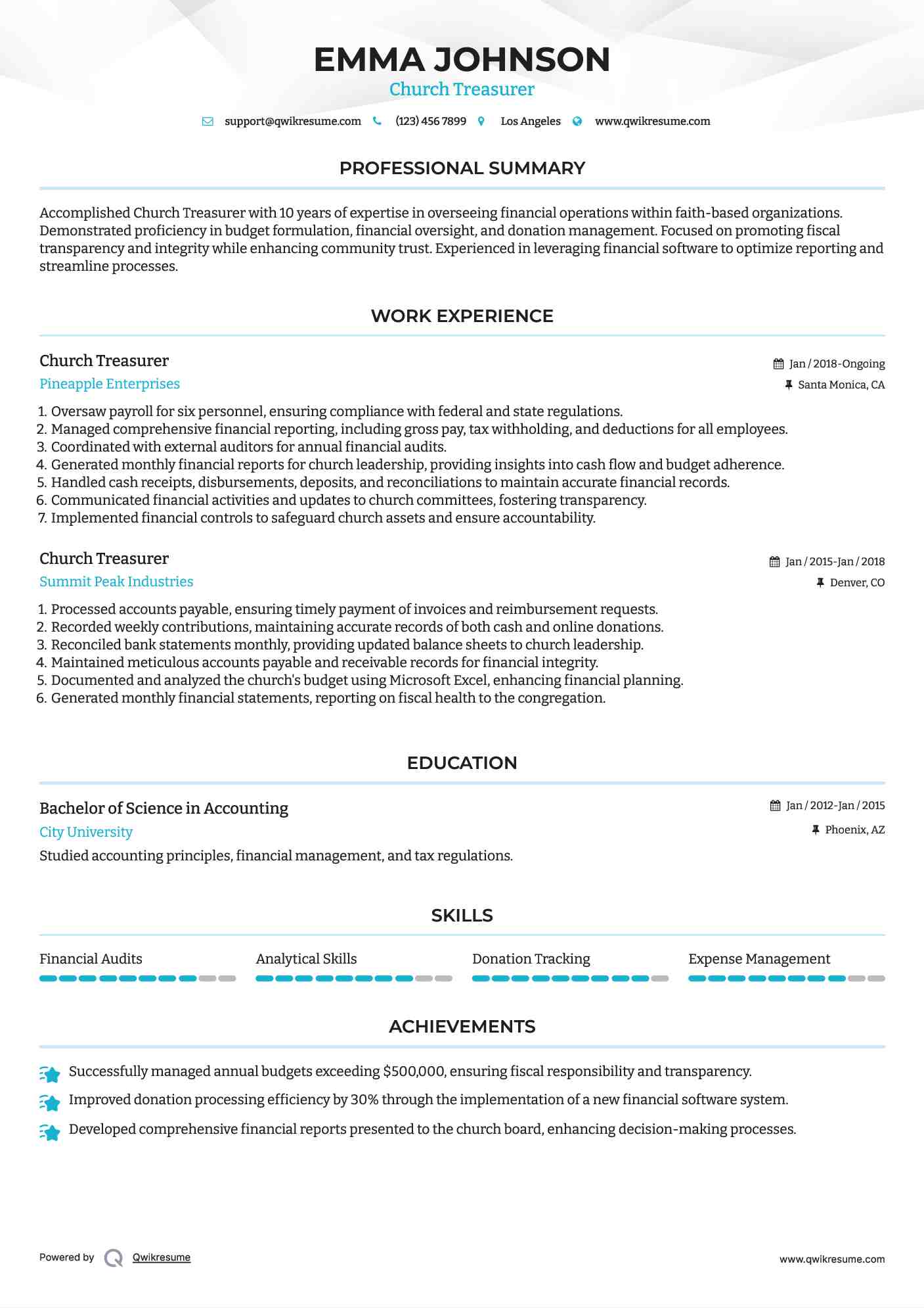 Church Treasurer Resume Sample