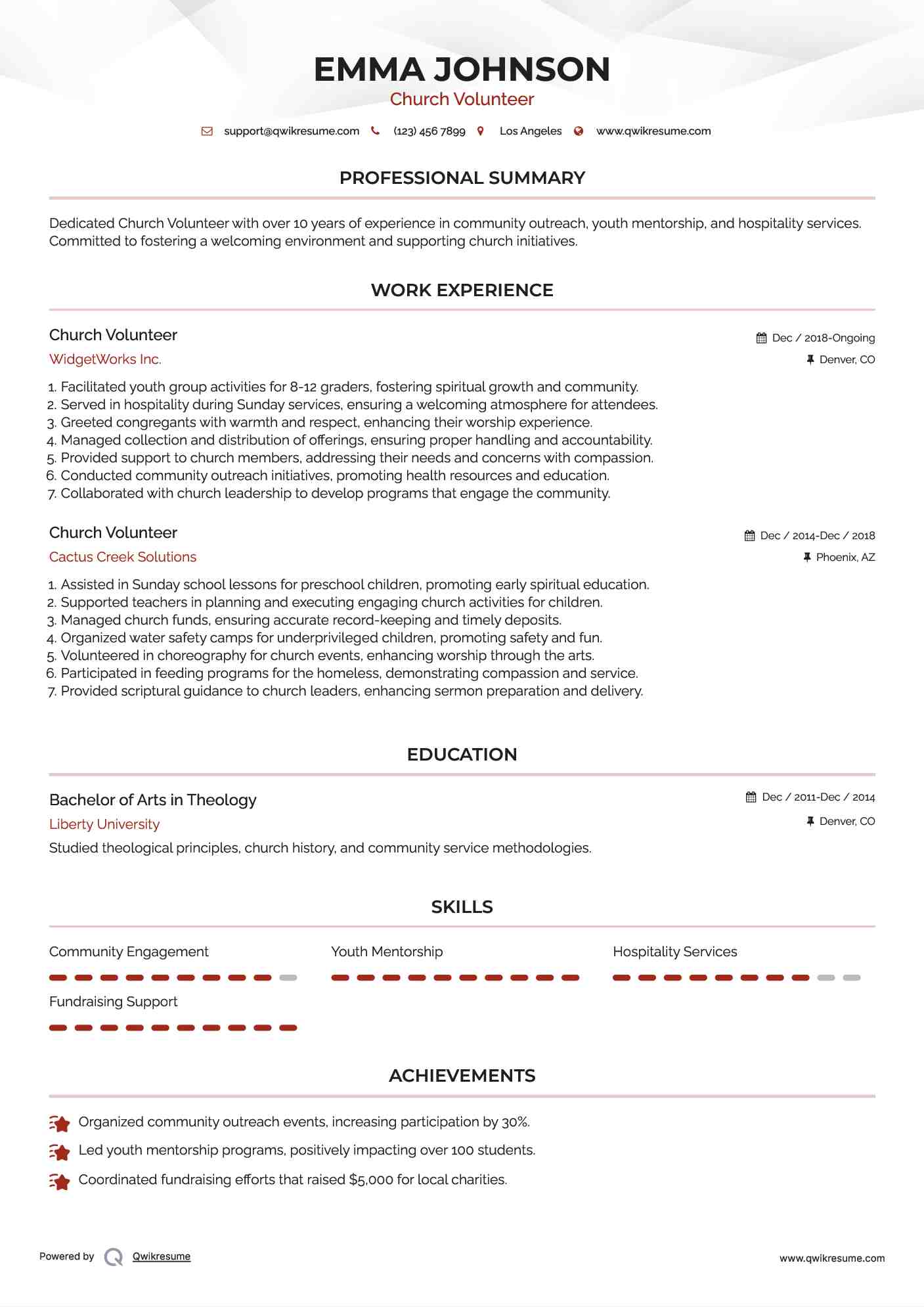 Church Volunteer Resume Model