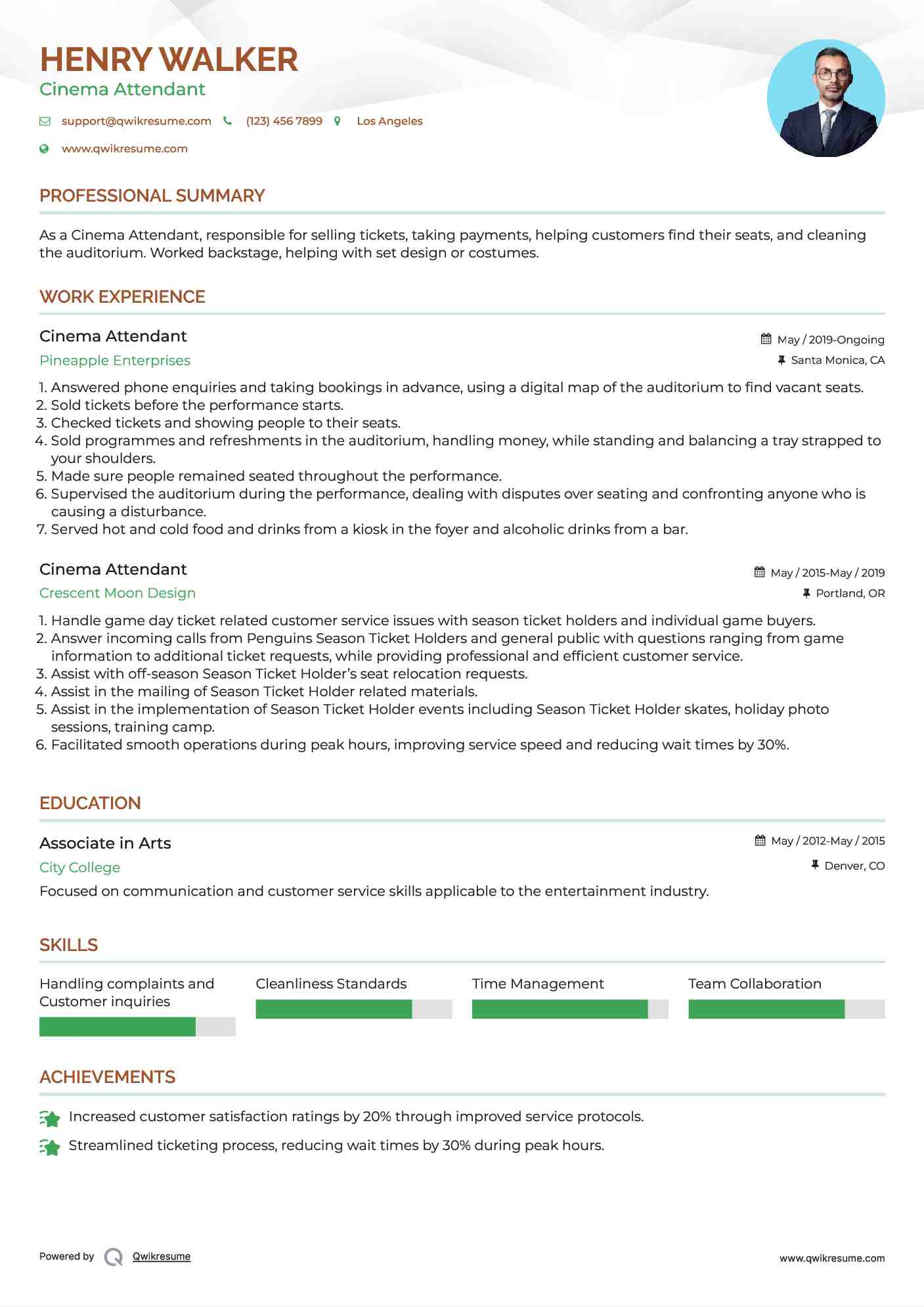 Cinema Attendant Resume Format