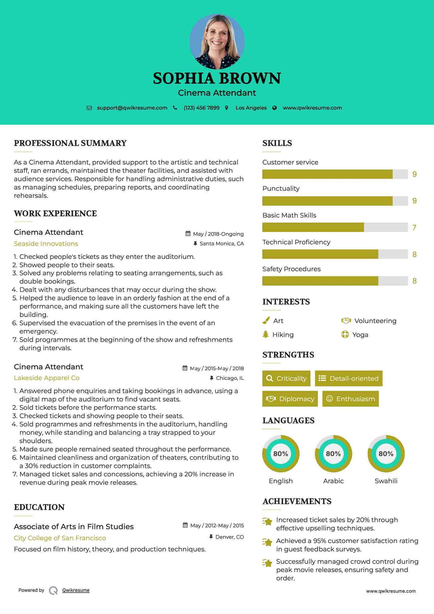 Cinema Attendant Resume Format
