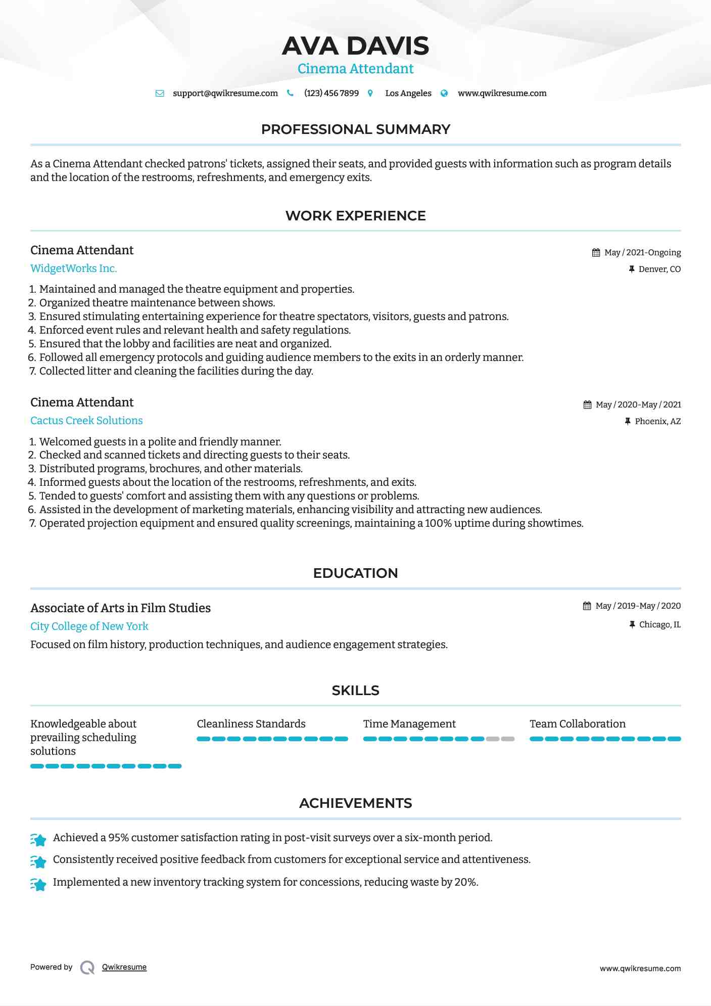 Cinema Attendant Resume Example