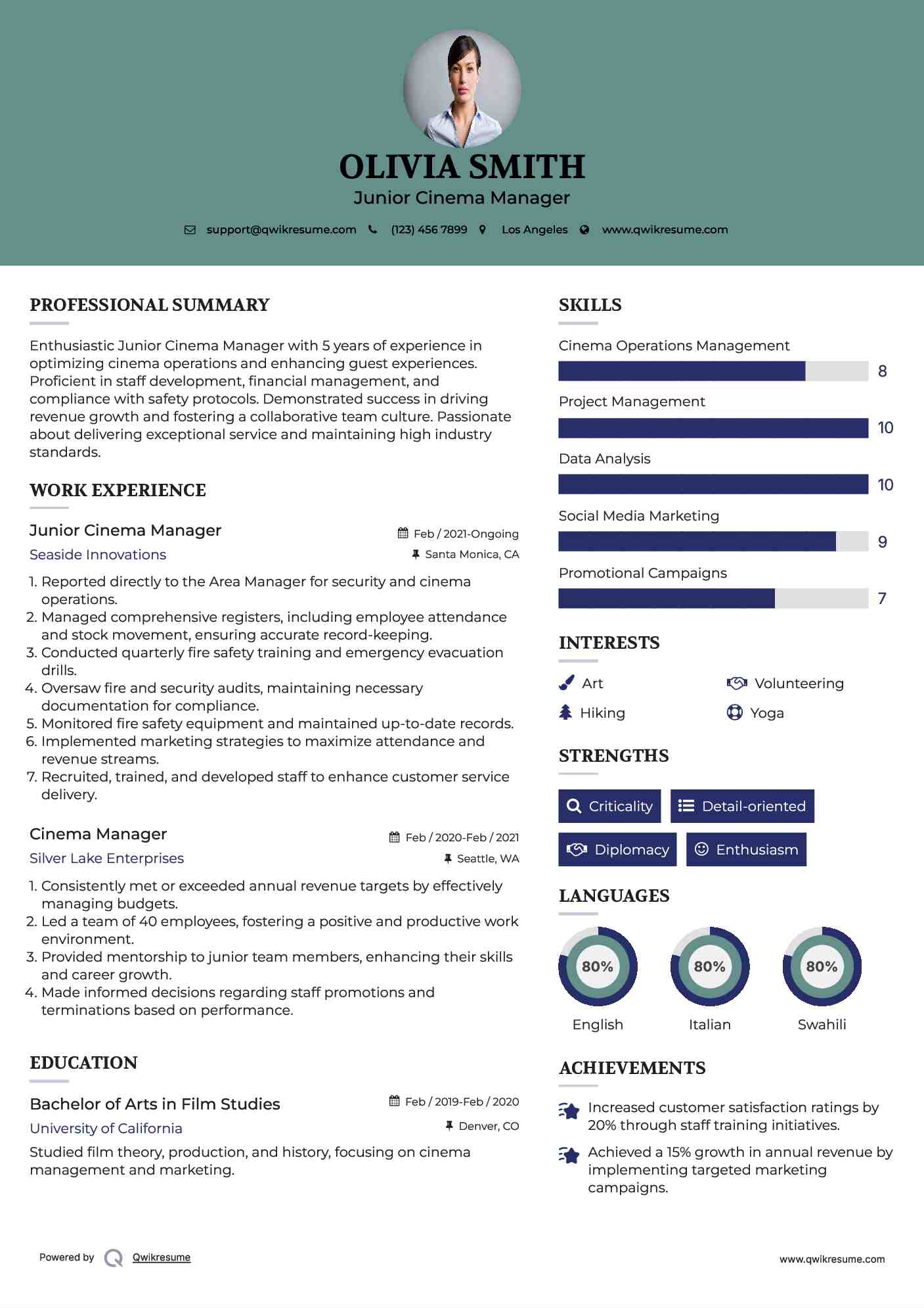 Junior Cinema Manager  Resume Sample
