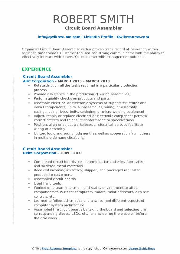 Circuit Board Assembler Resume Samples QwikResume