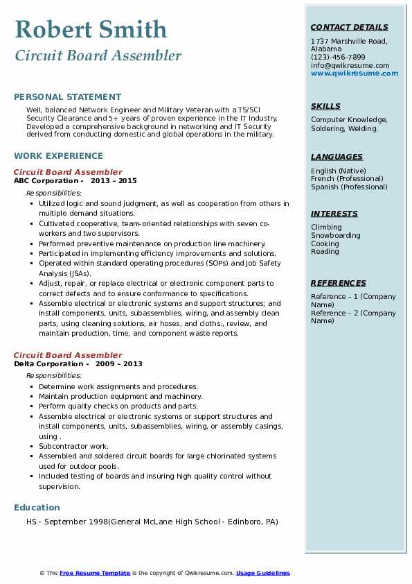 Circuit Board Assembler Resume Samples QwikResume