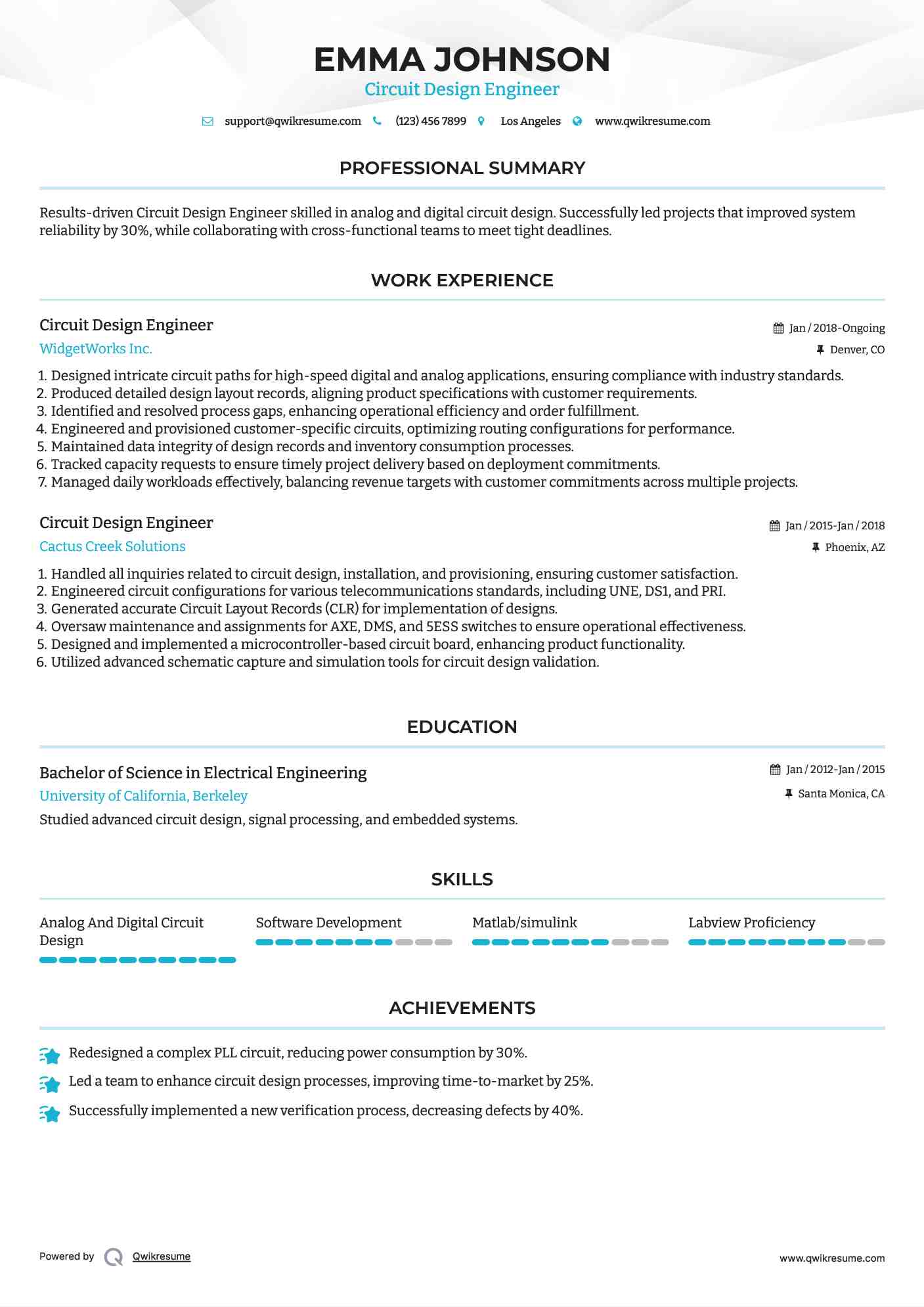 Circuit Design Engineer Resume Samples QwikResume