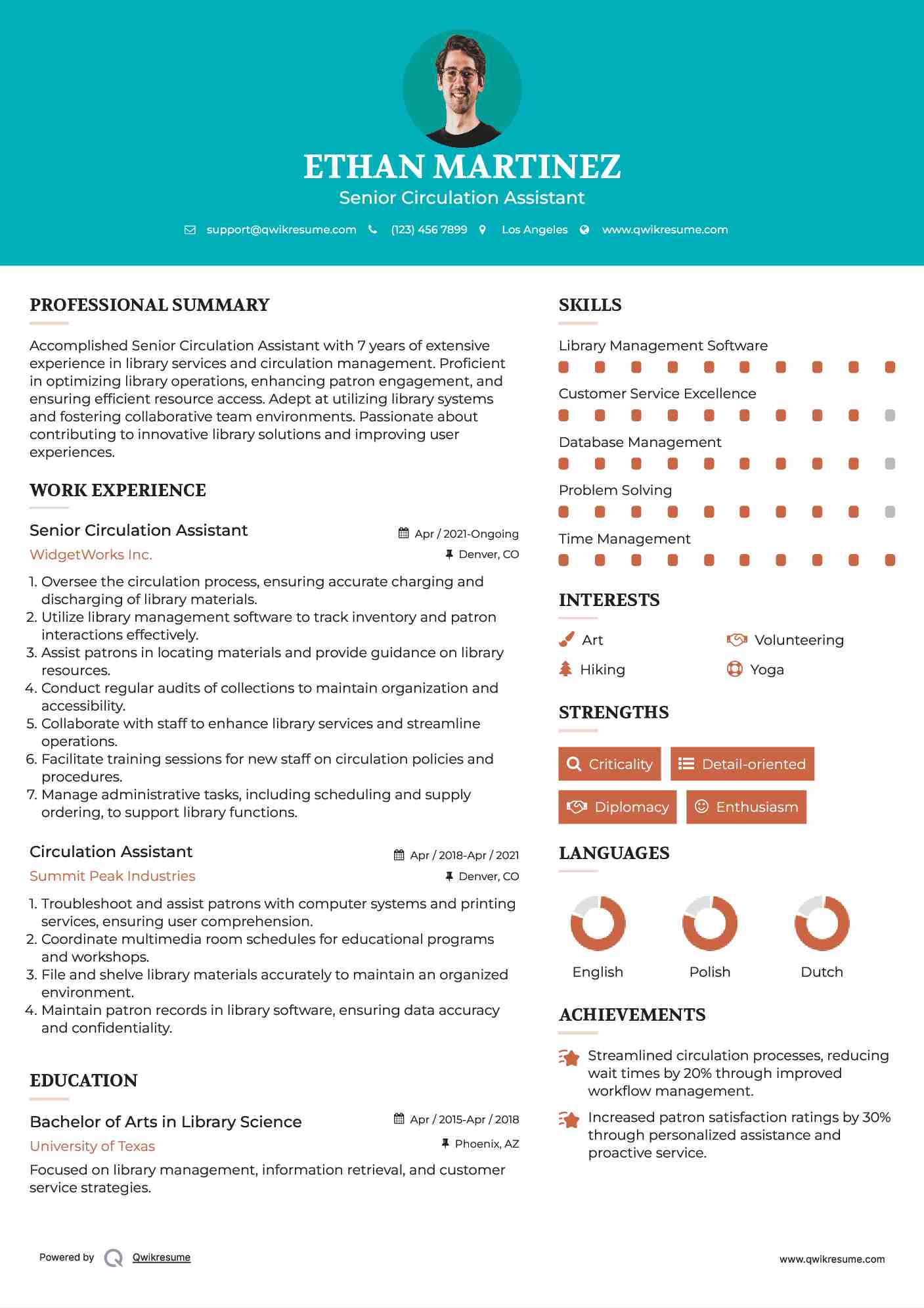 Circulation Assistant Resume Samples QwikResume