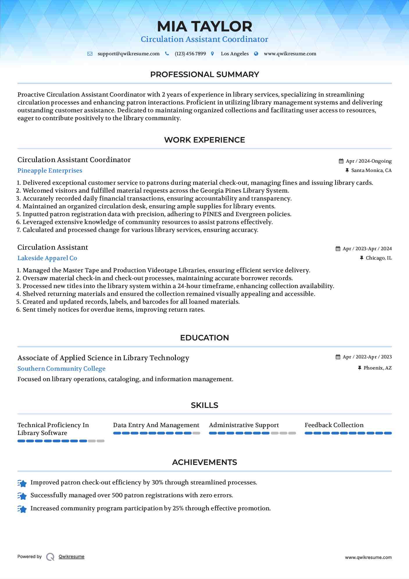 Circulation Assistant Coordinator Resume Example