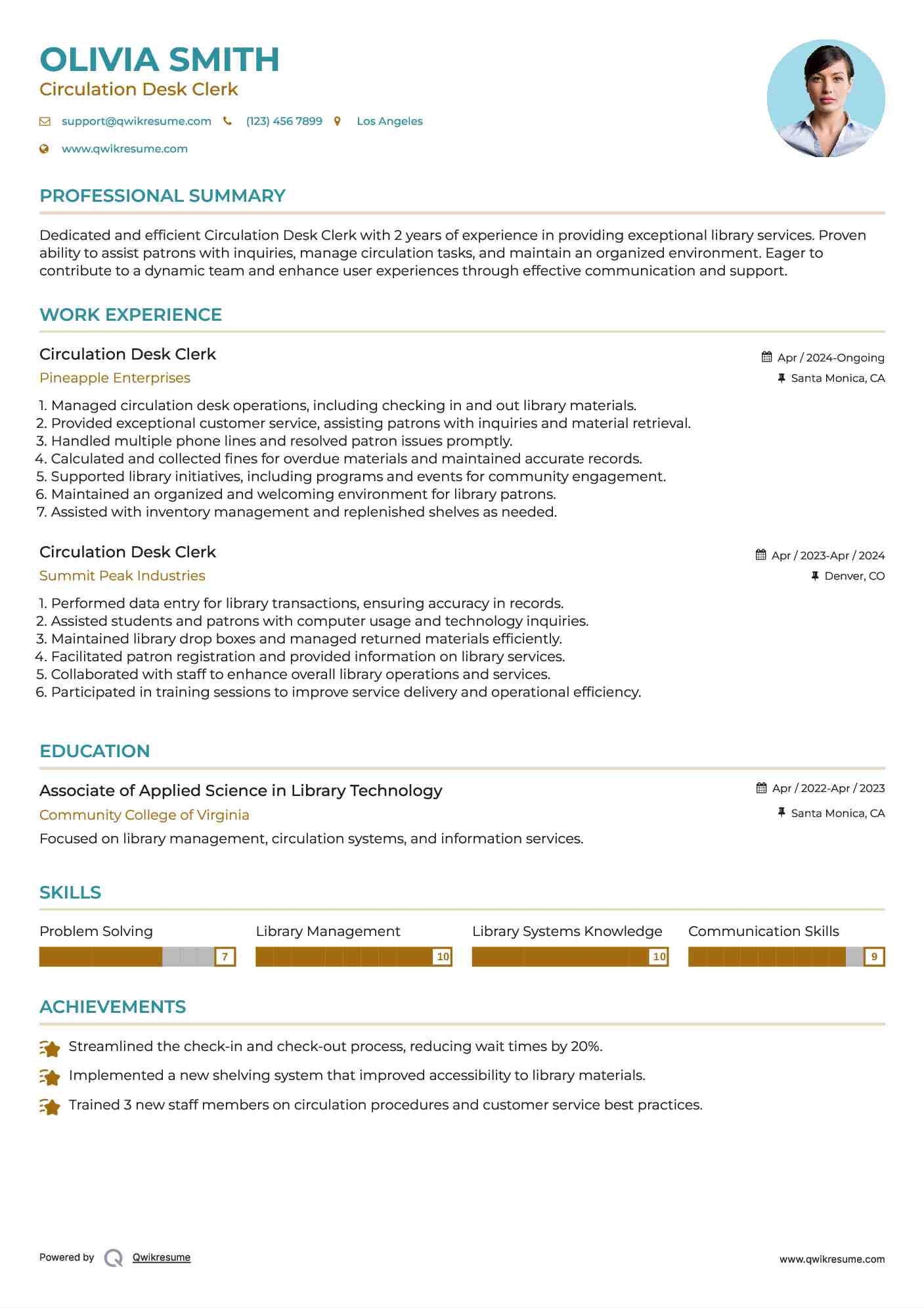 Circulation Desk Clerk Resume Example