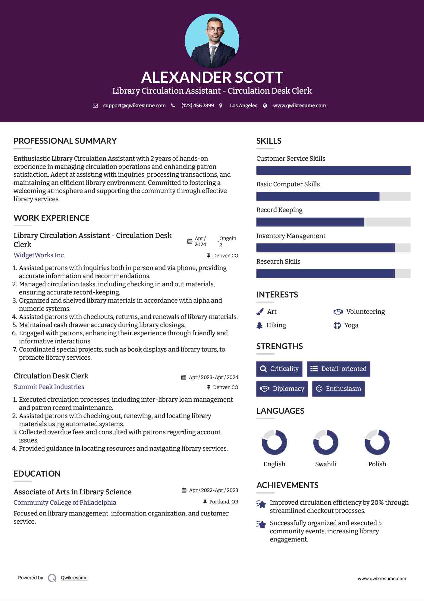 Library Circulation Assistant - Circulation Desk Clerk Resume Sample