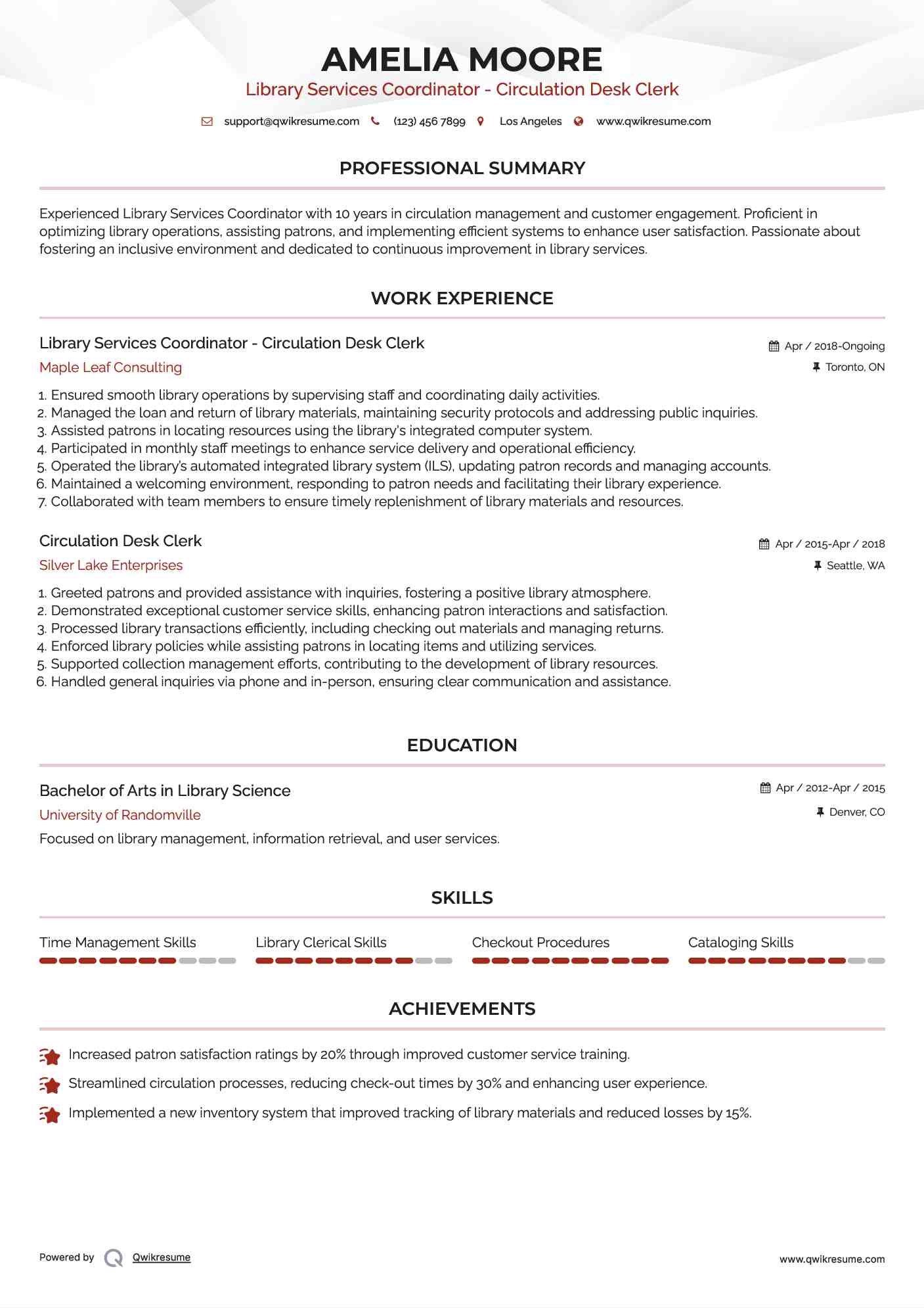 Library Services Coordinator - Circulation Desk Clerk Resume Model