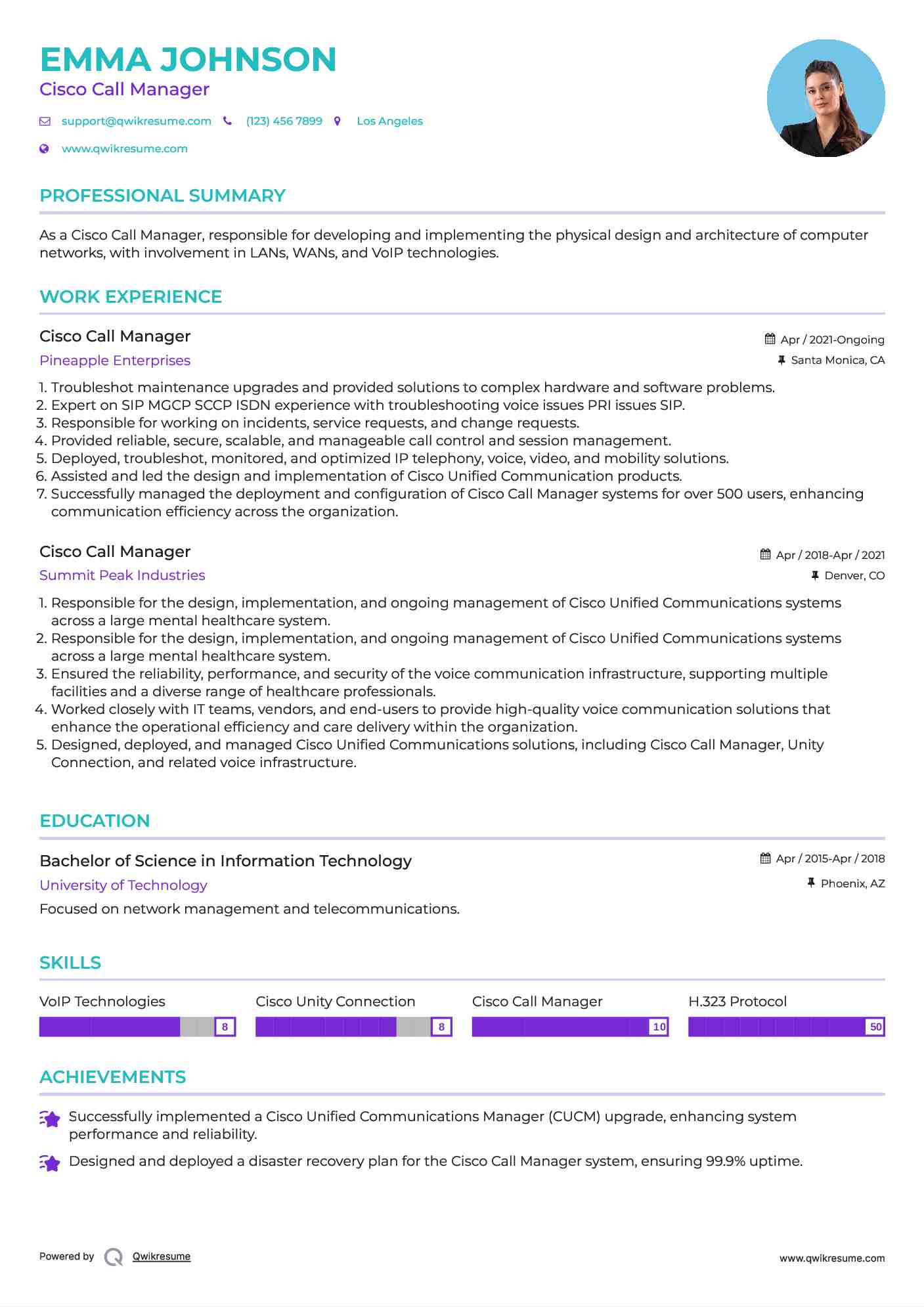 Cisco Call Manager Resume Example