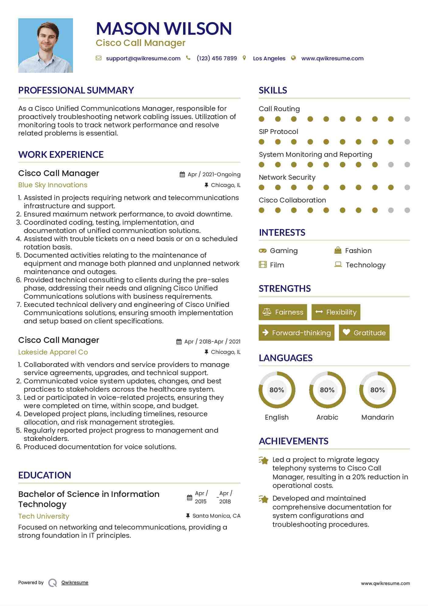 Cisco Call Manager Resume Example
