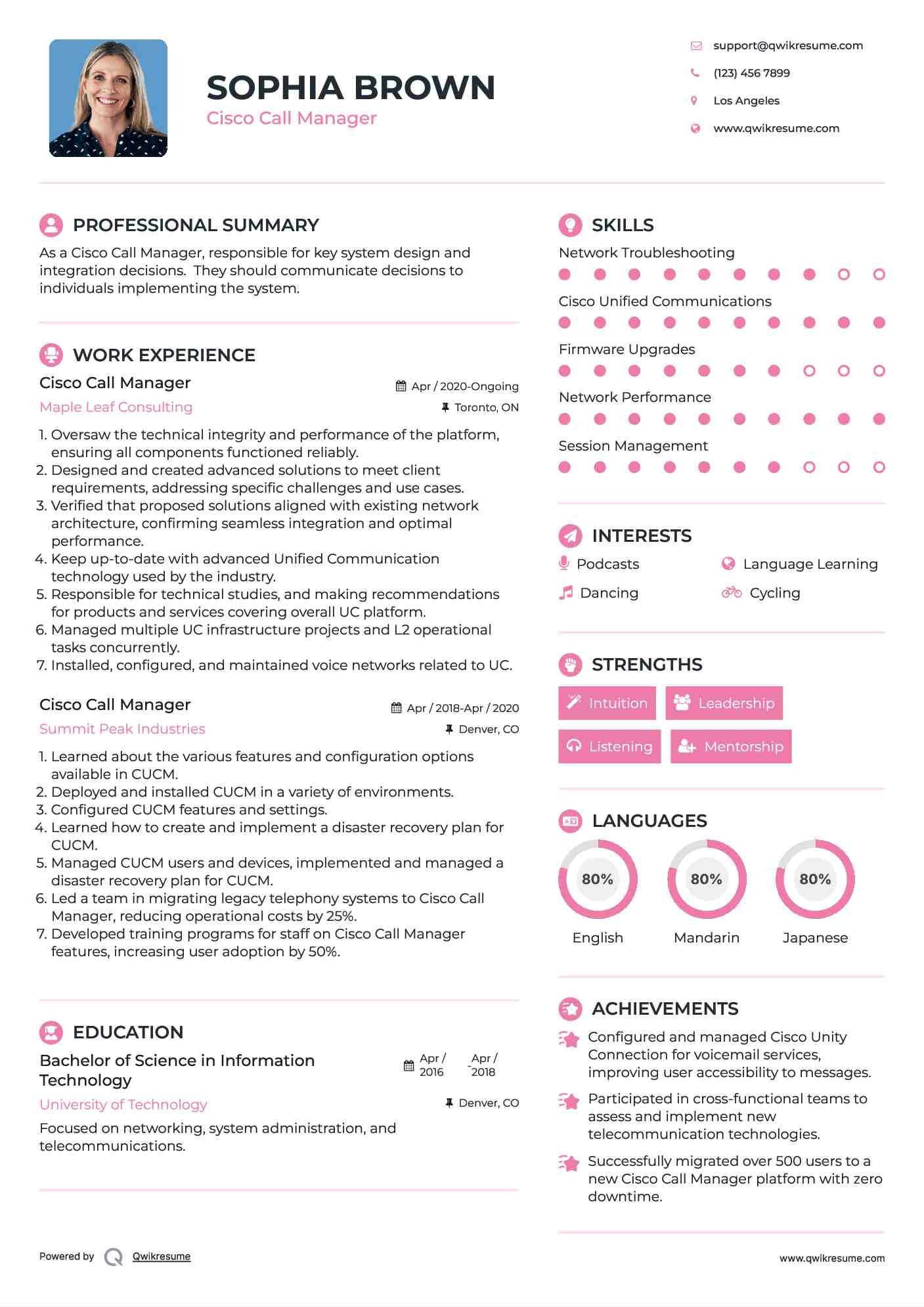 Cisco Call Manager Resume Example