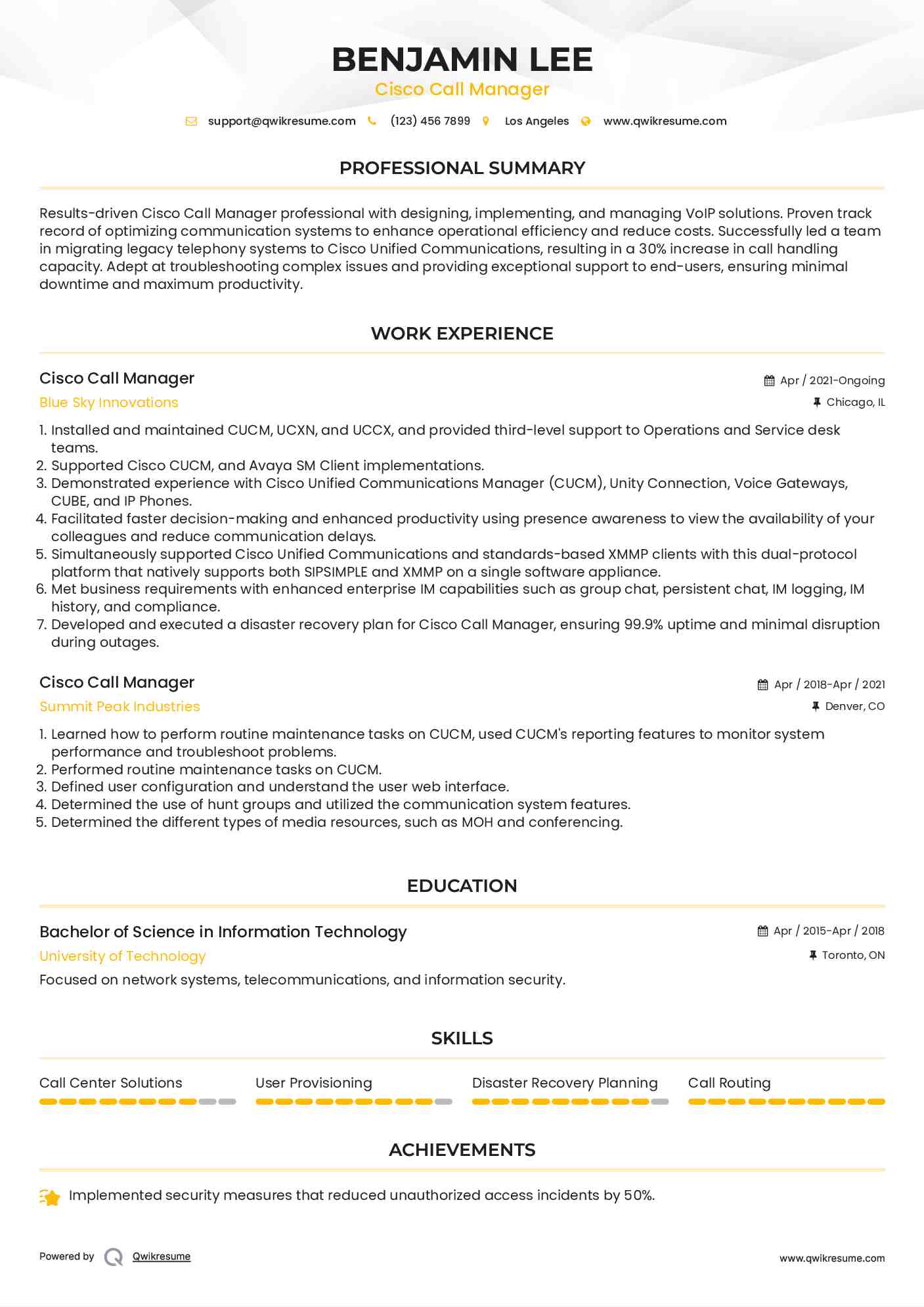 Cisco Call Manager Resume Model