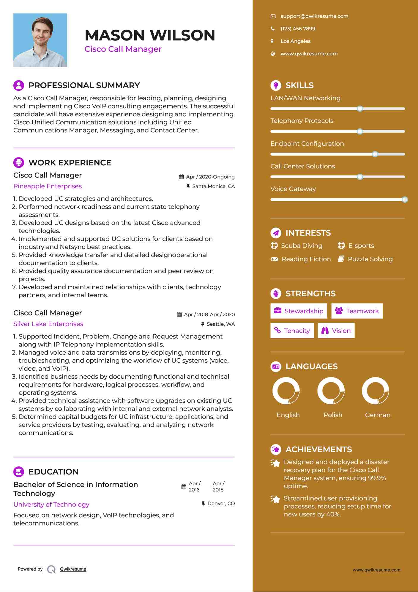 Cisco Call Manager Resume Sample