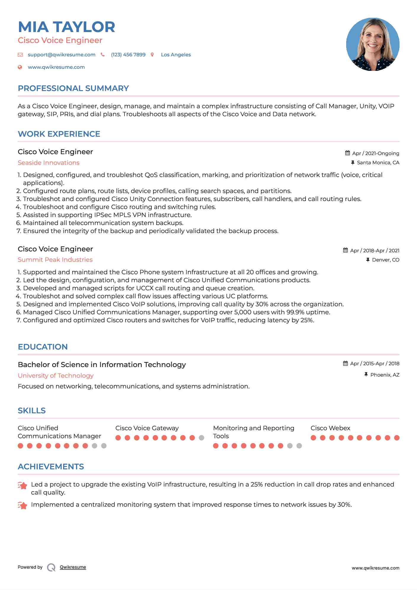 Cisco Voice Engineer Resume Sample