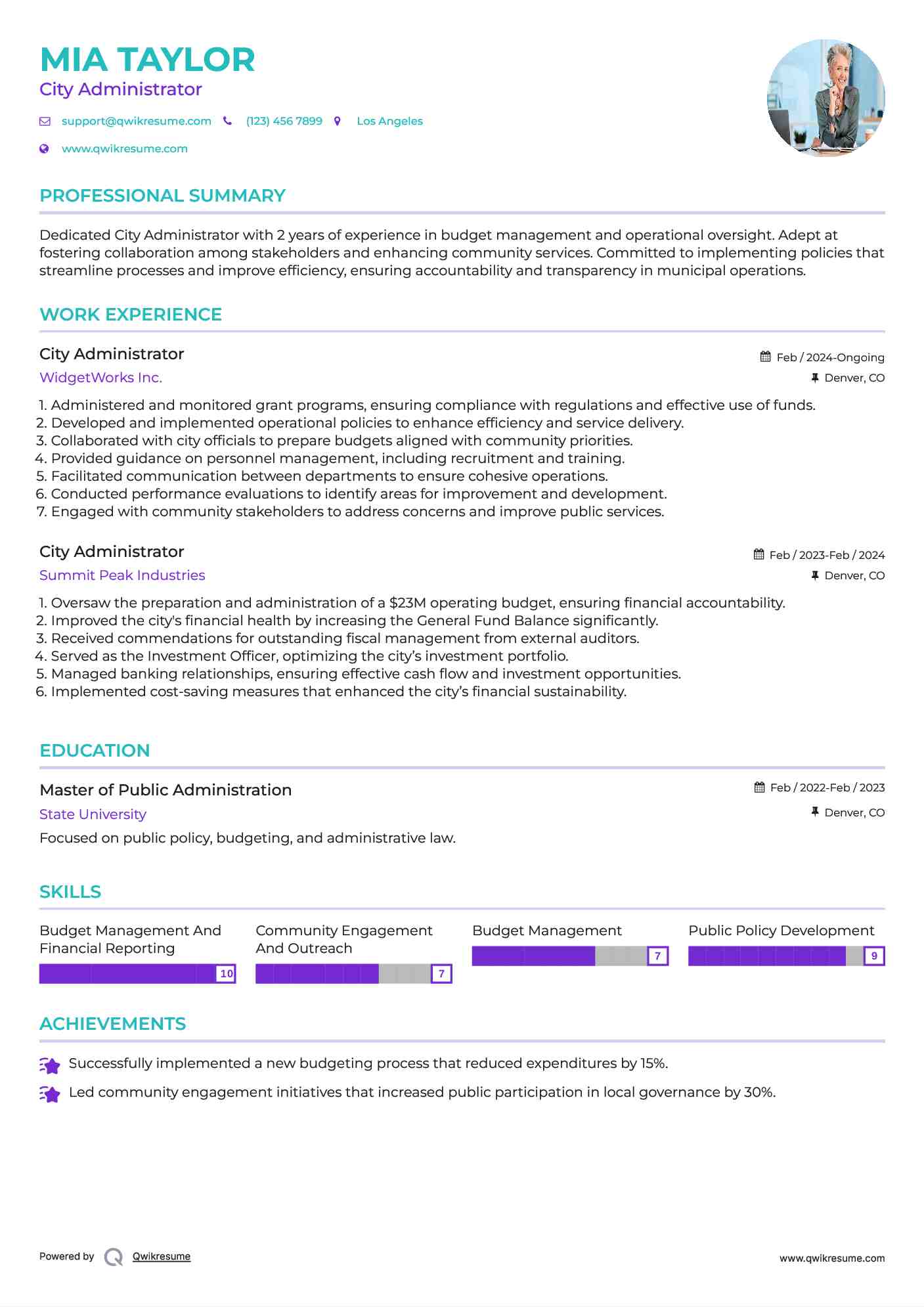 City Administrator Resume Sample