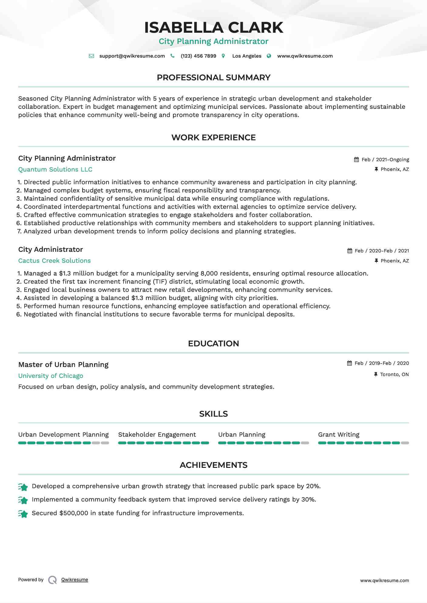 City Planning Administrator Resume Model