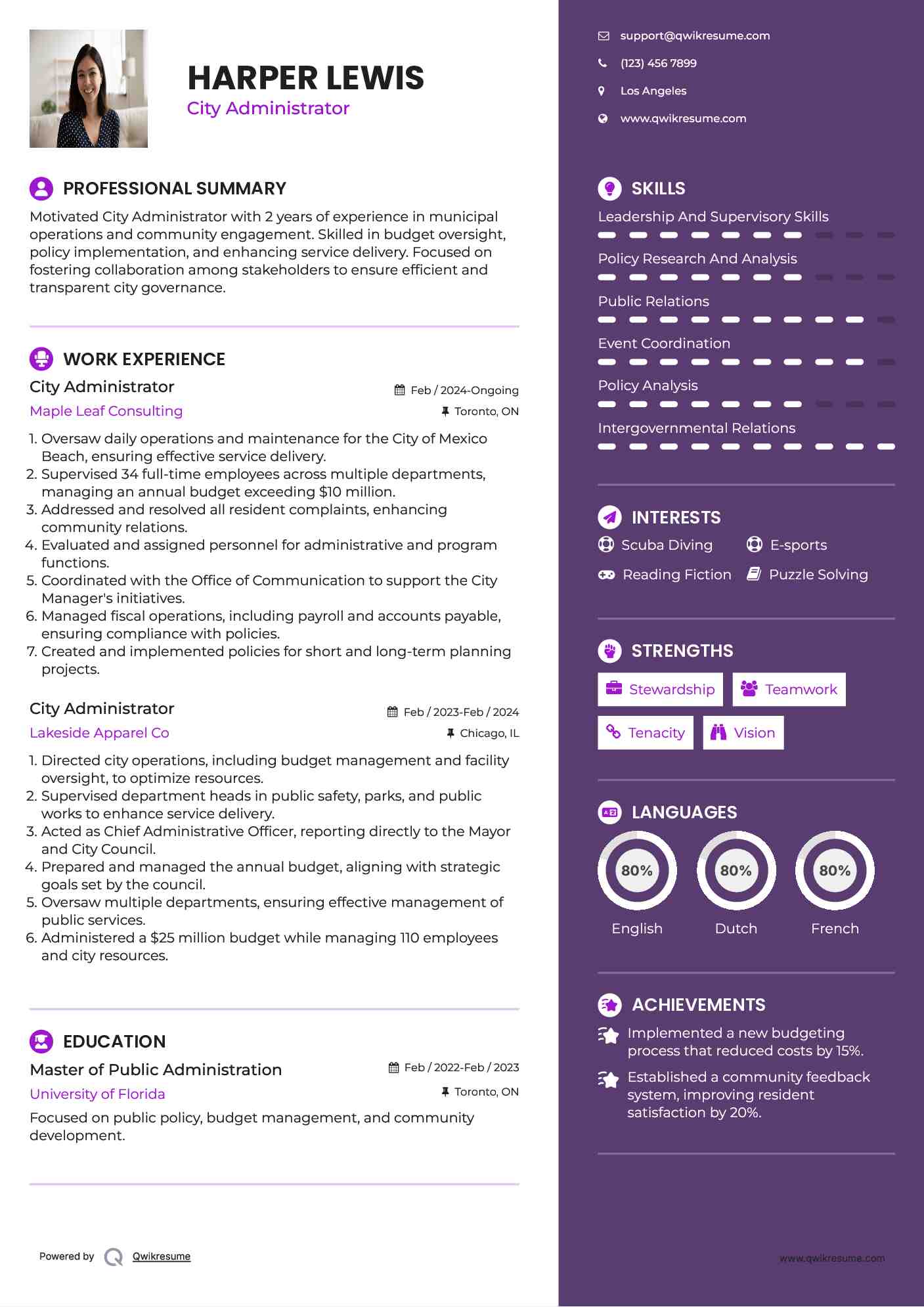 City Administrator Resume Example