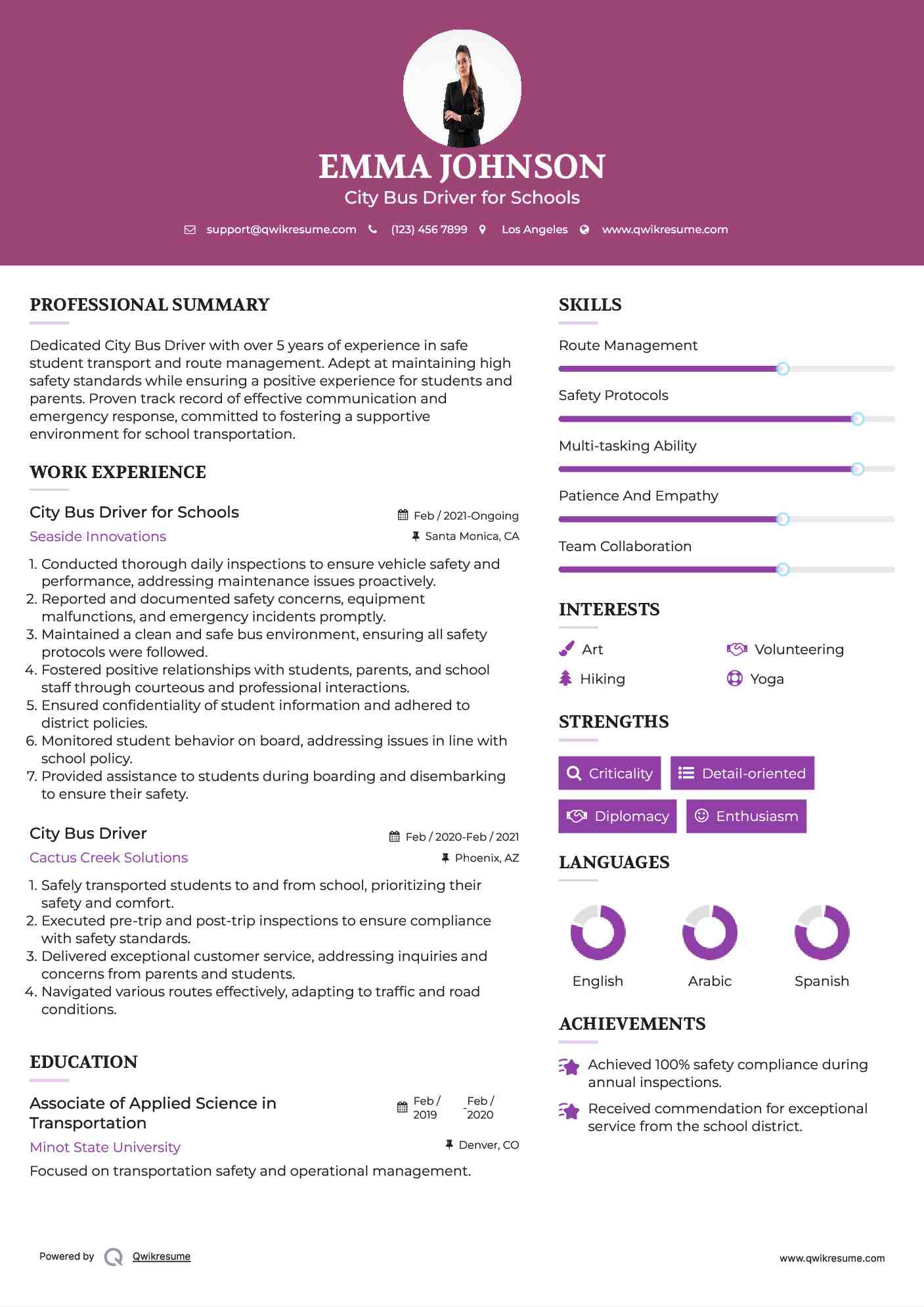 City Bus Driver for Schools Resume Format