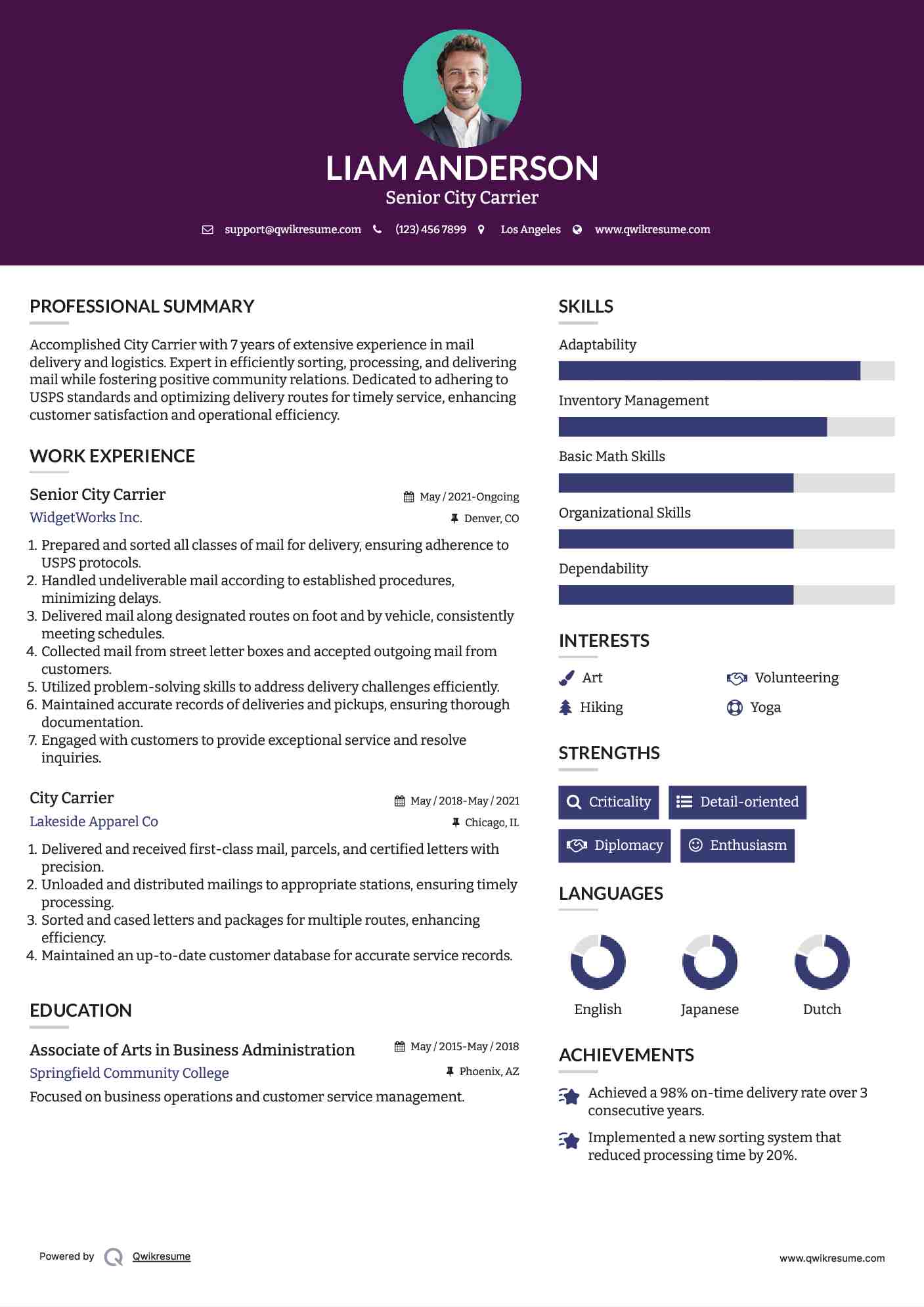 Senior City Carrier Resume Sample