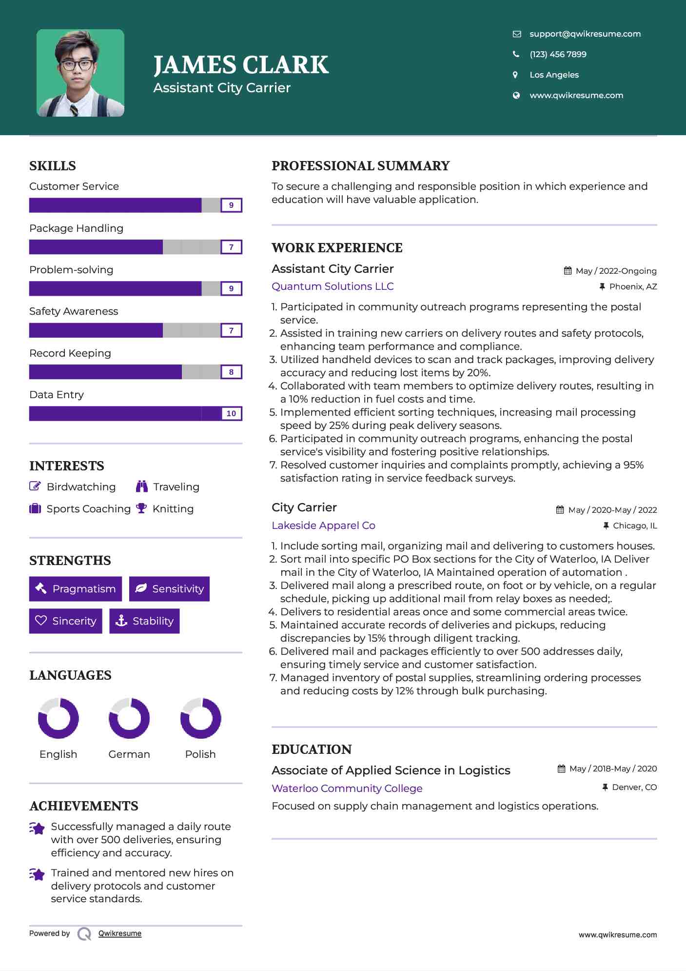 Assistant City Carrier  Resume Format