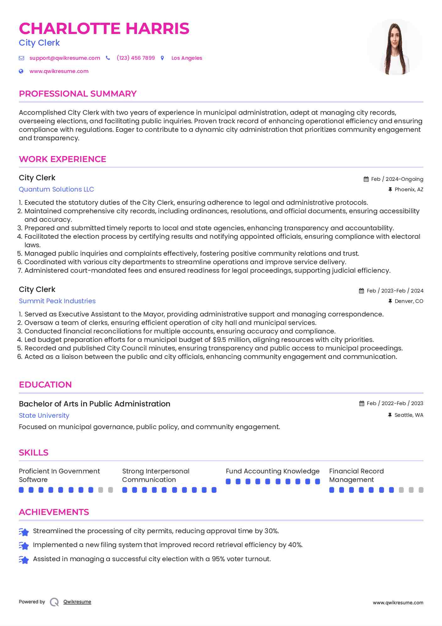 City Clerk Resume Template