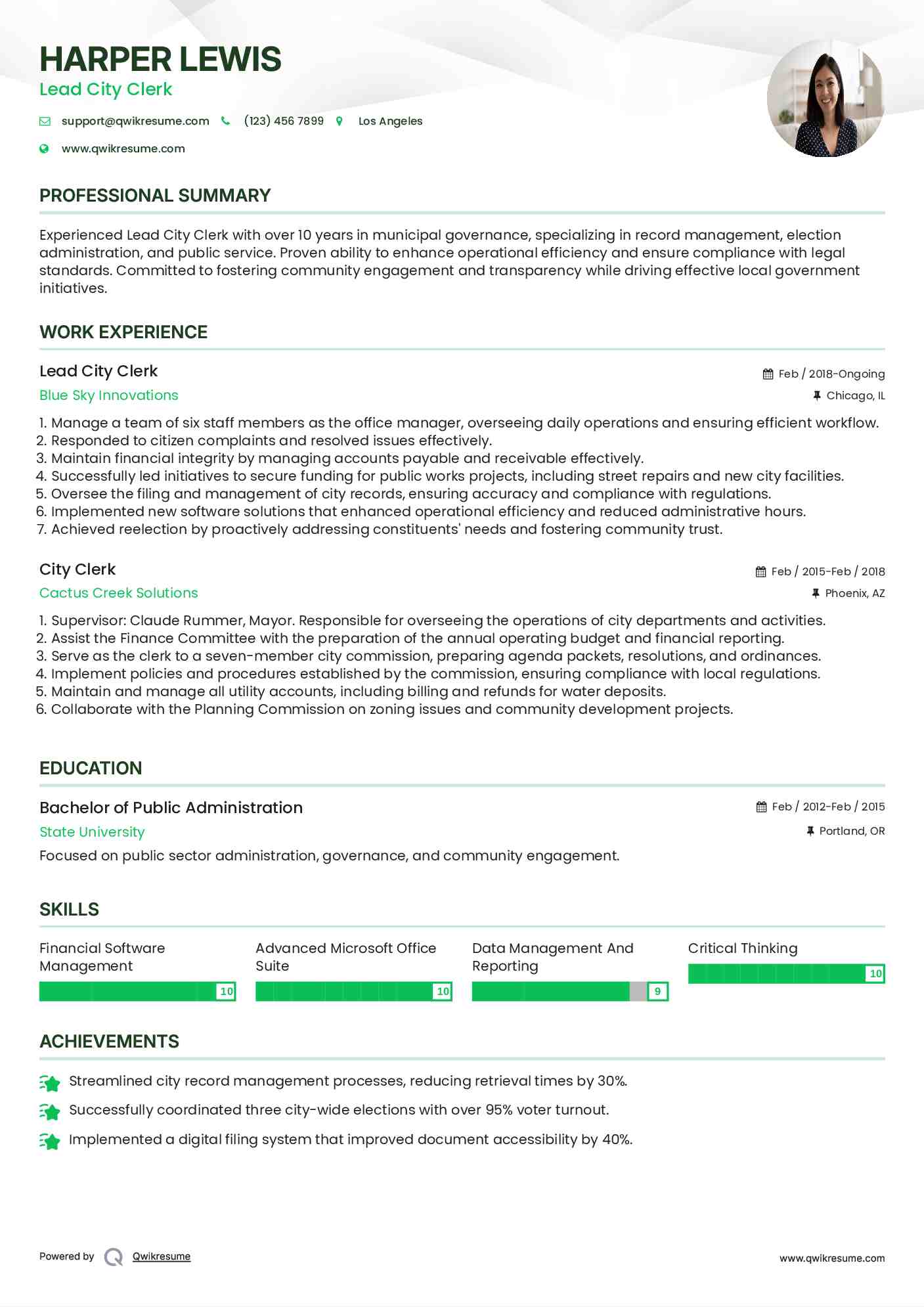 Lead City Clerk   Resume Sample