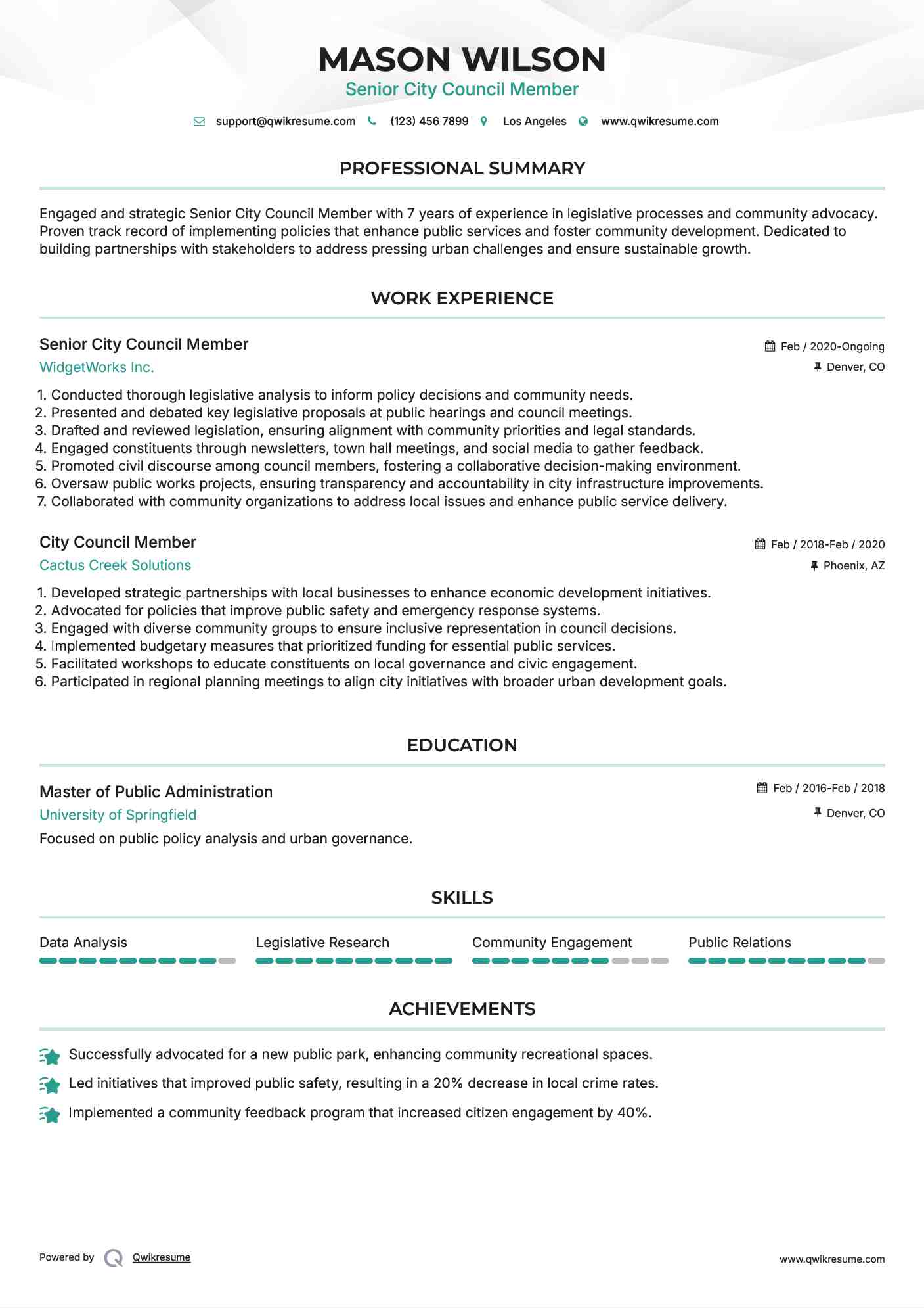 Senior City Council Member Resume Example