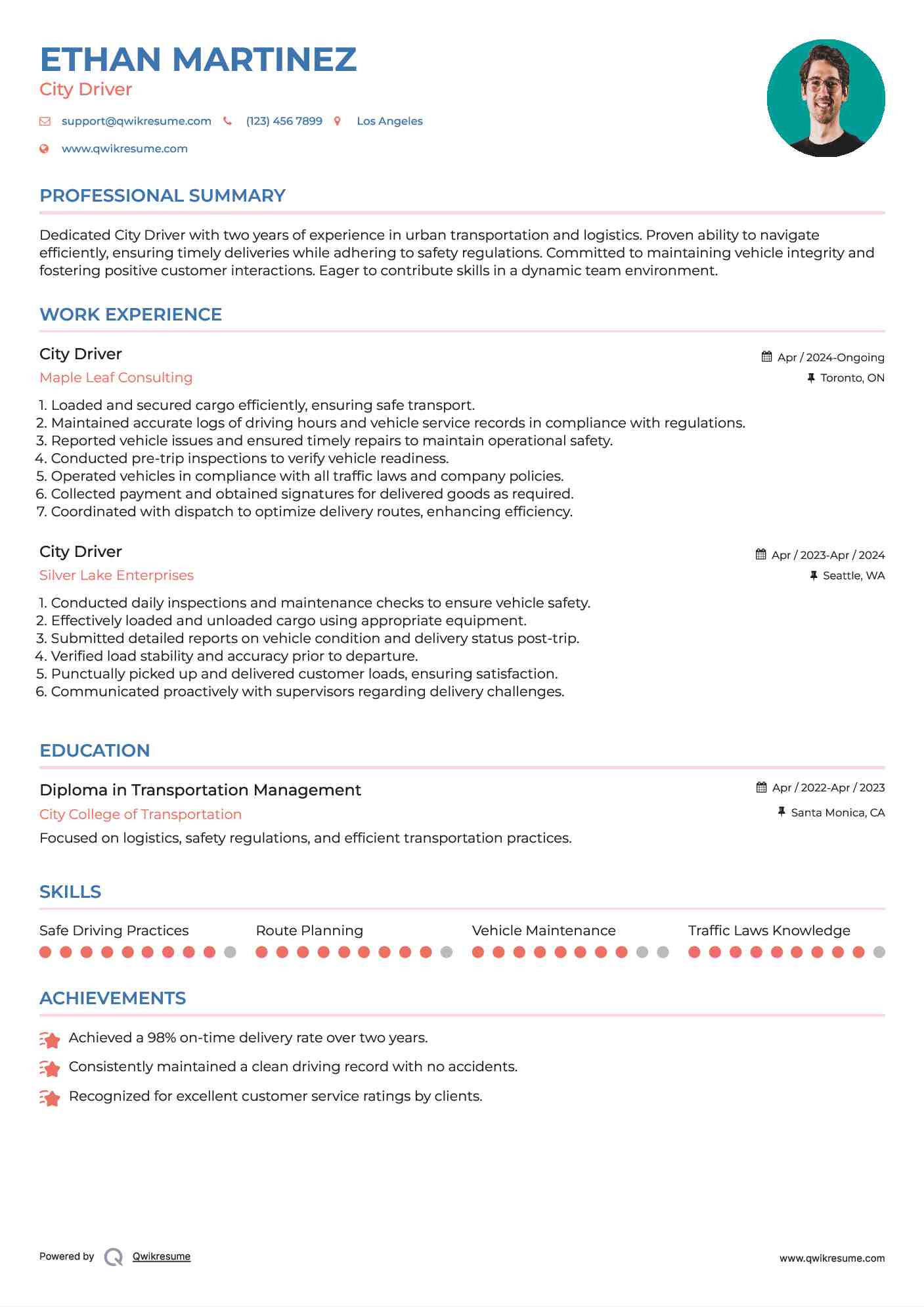 City Driver Resume Sample