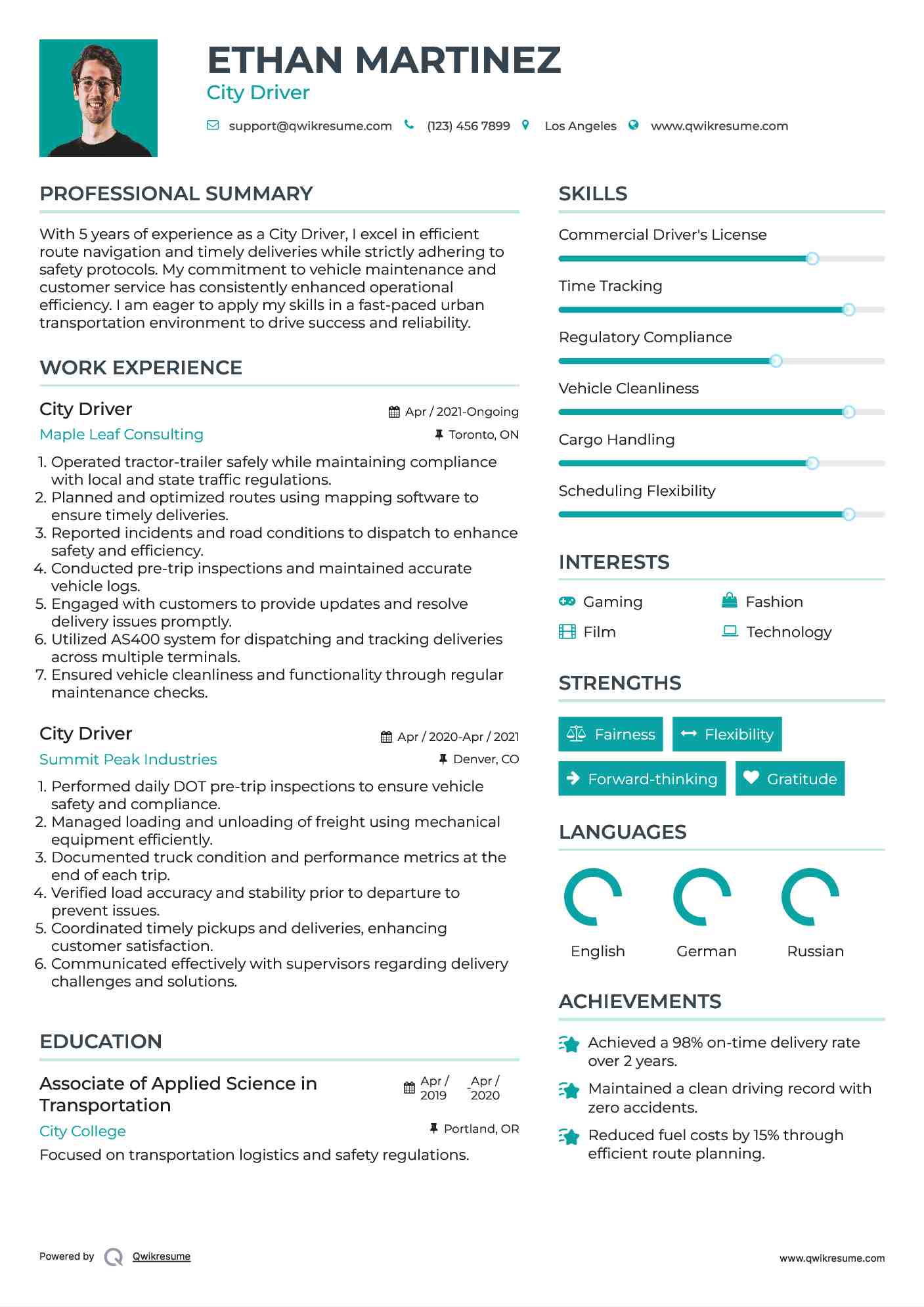 City Driver Resume Template