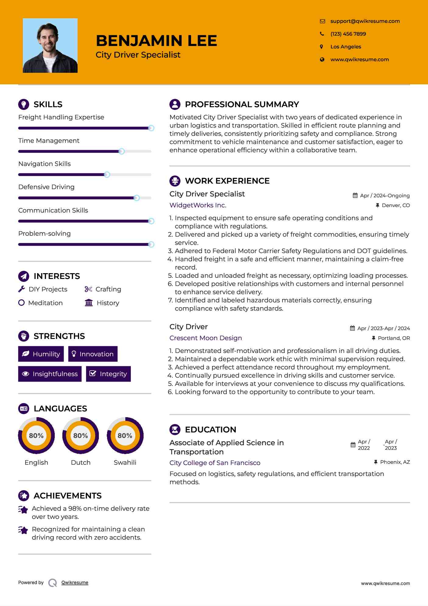 City Driver Specialist Resume Model