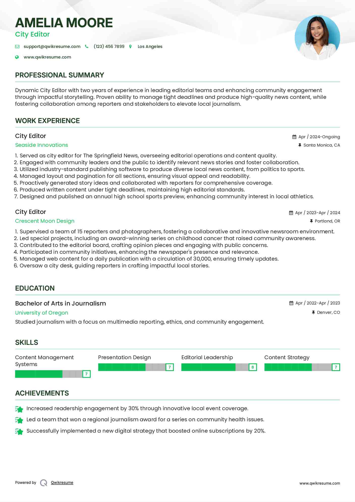 City Editor Resume Model