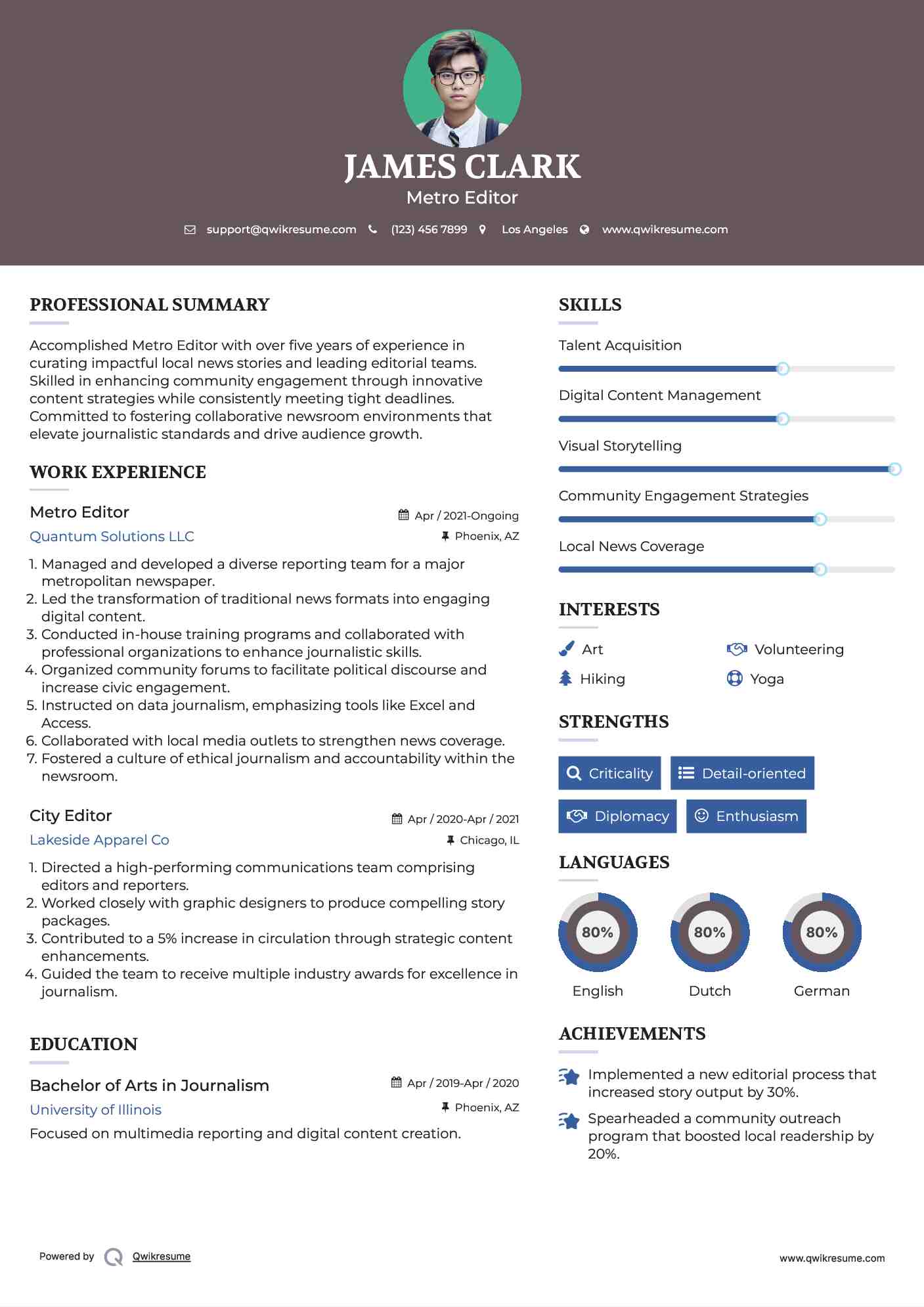 Metro Editor Resume Sample