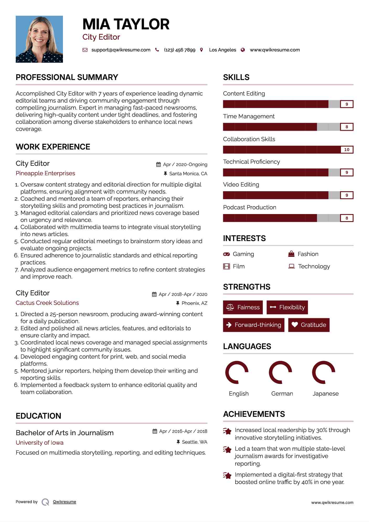 City Editor Resume Template