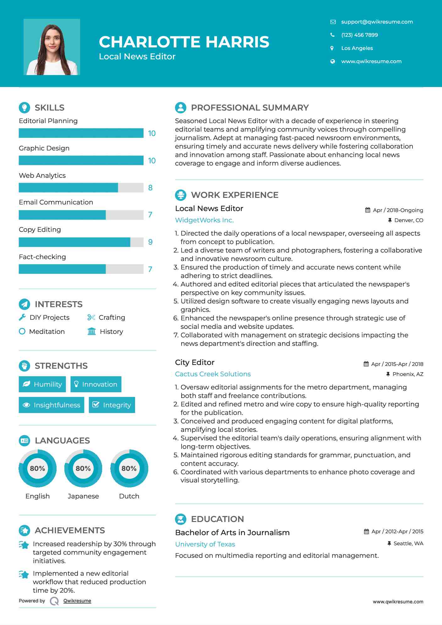 Local News Editor Resume Model