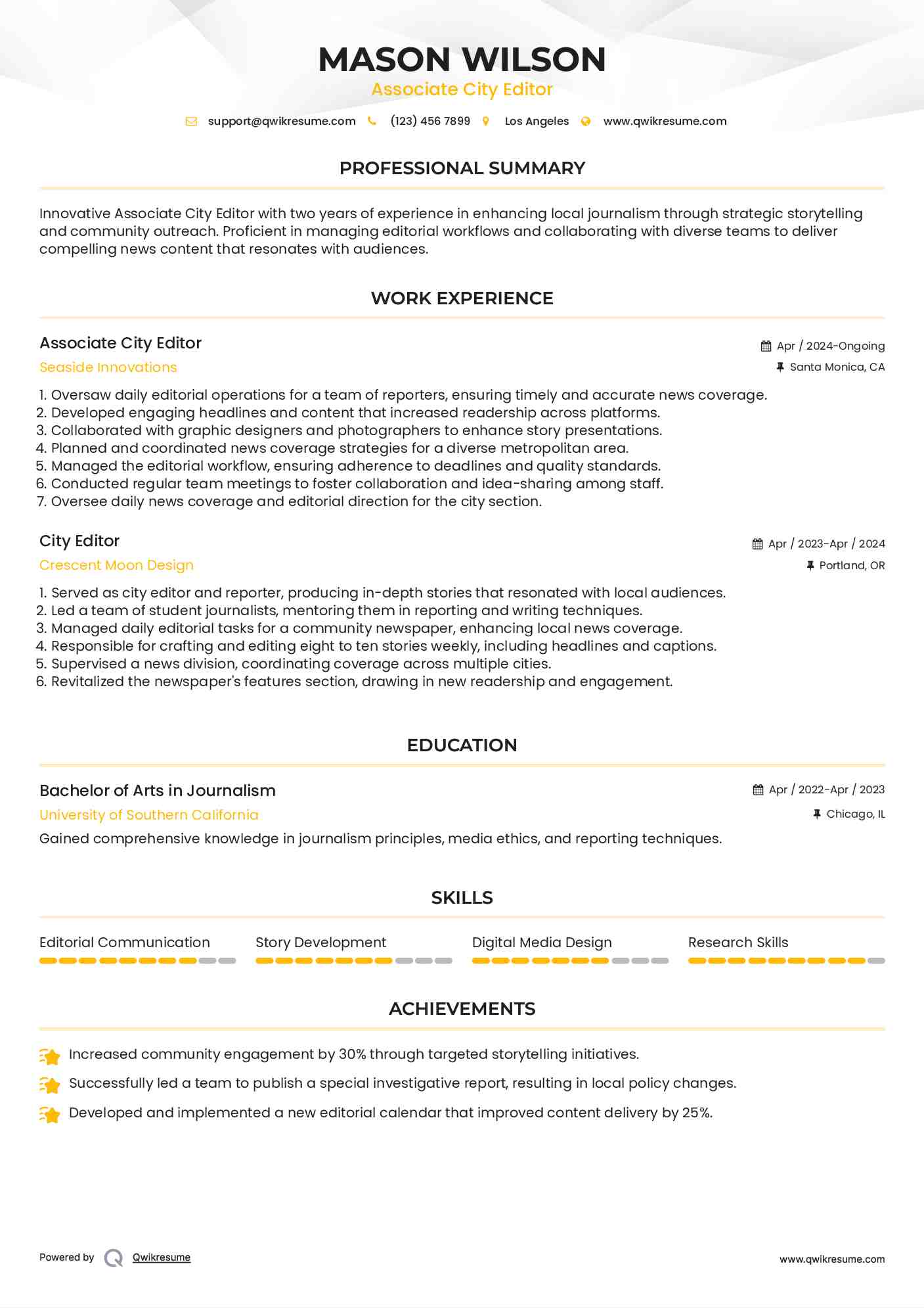 Associate City Editor Resume Template