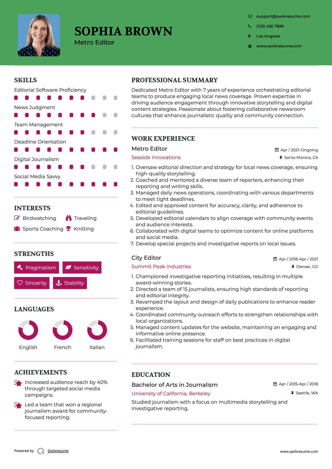 Metro Editor Resume Model