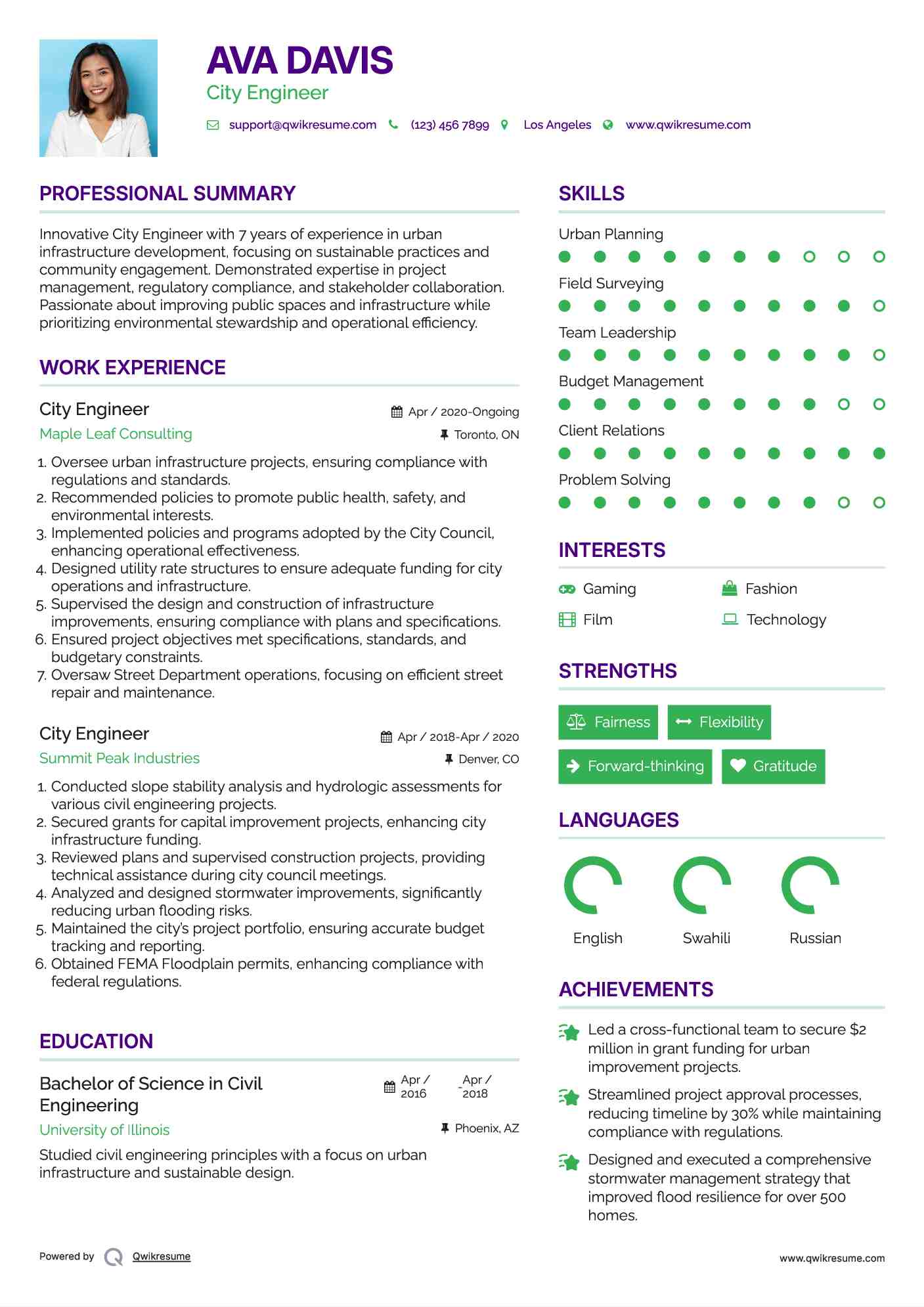 City Engineer Resume Model