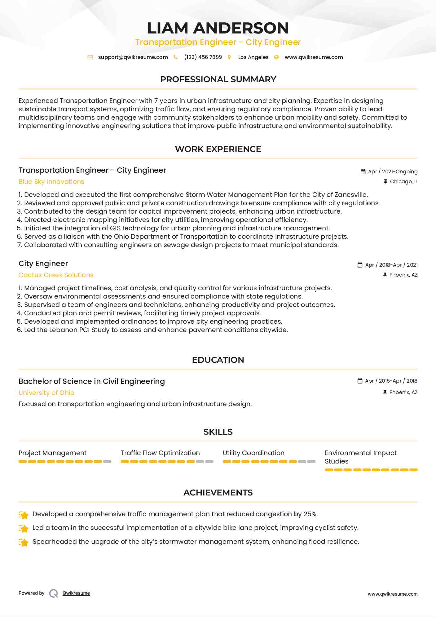Transportation Engineer - City Engineer Resume Model