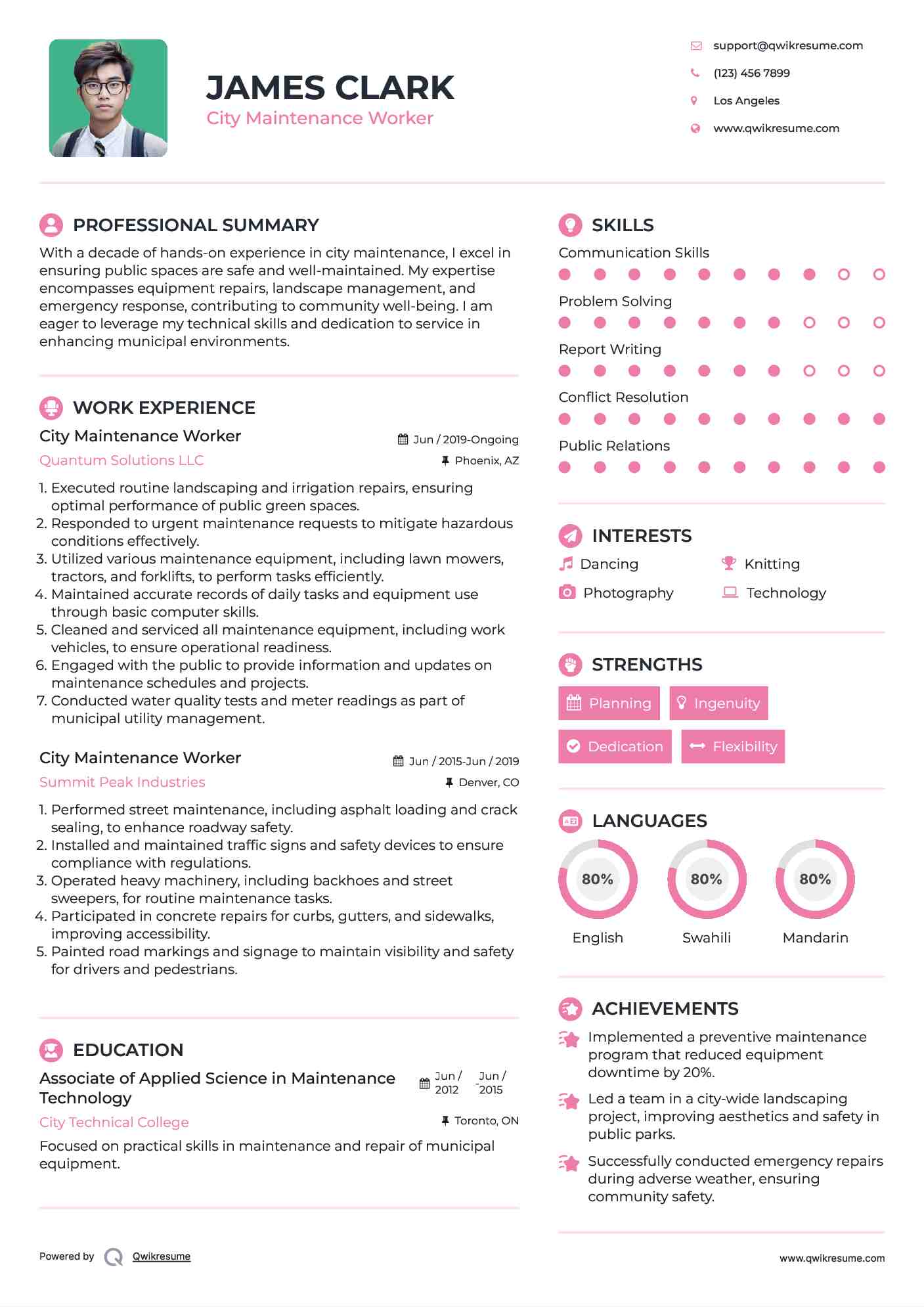 City Maintenance Worker Resume Sample