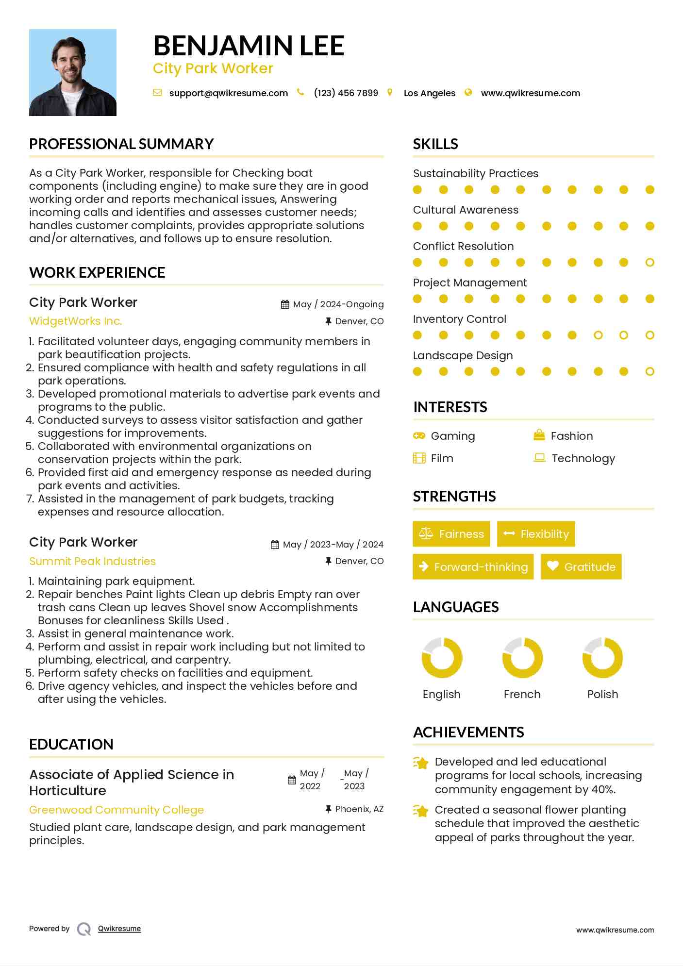 City Park Worker Resume Template