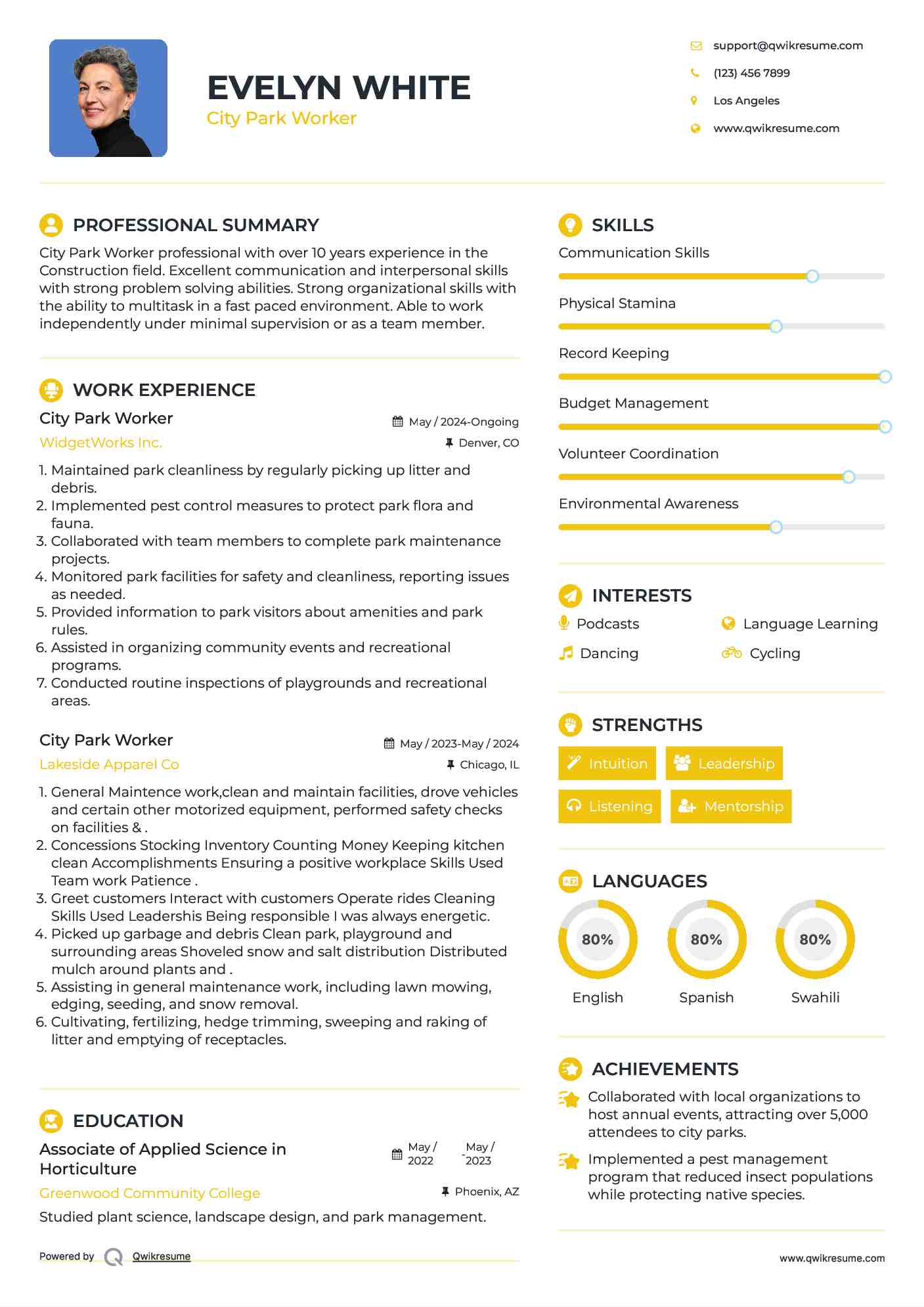 City Park Worker Resume Example