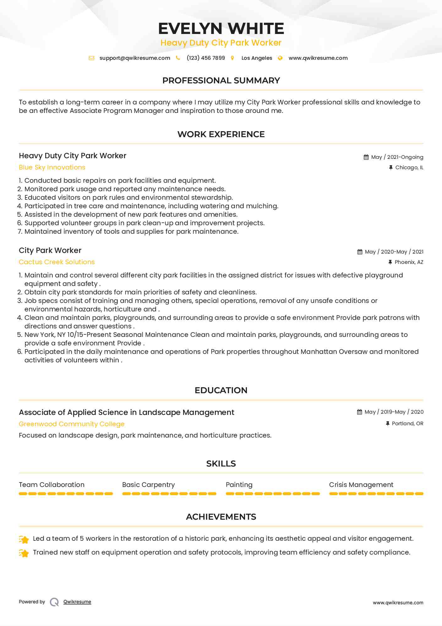 Heavy Duty City Park Worker Resume Template
