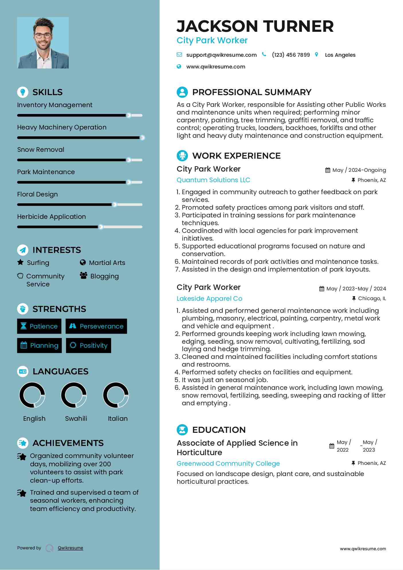 City Park Worker Resume Model