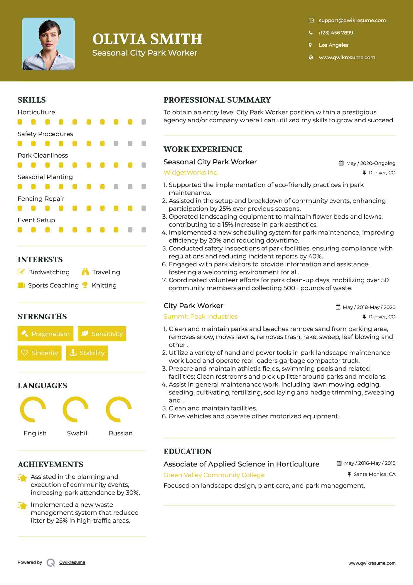 Seasonal City Park Worker Resume Format
