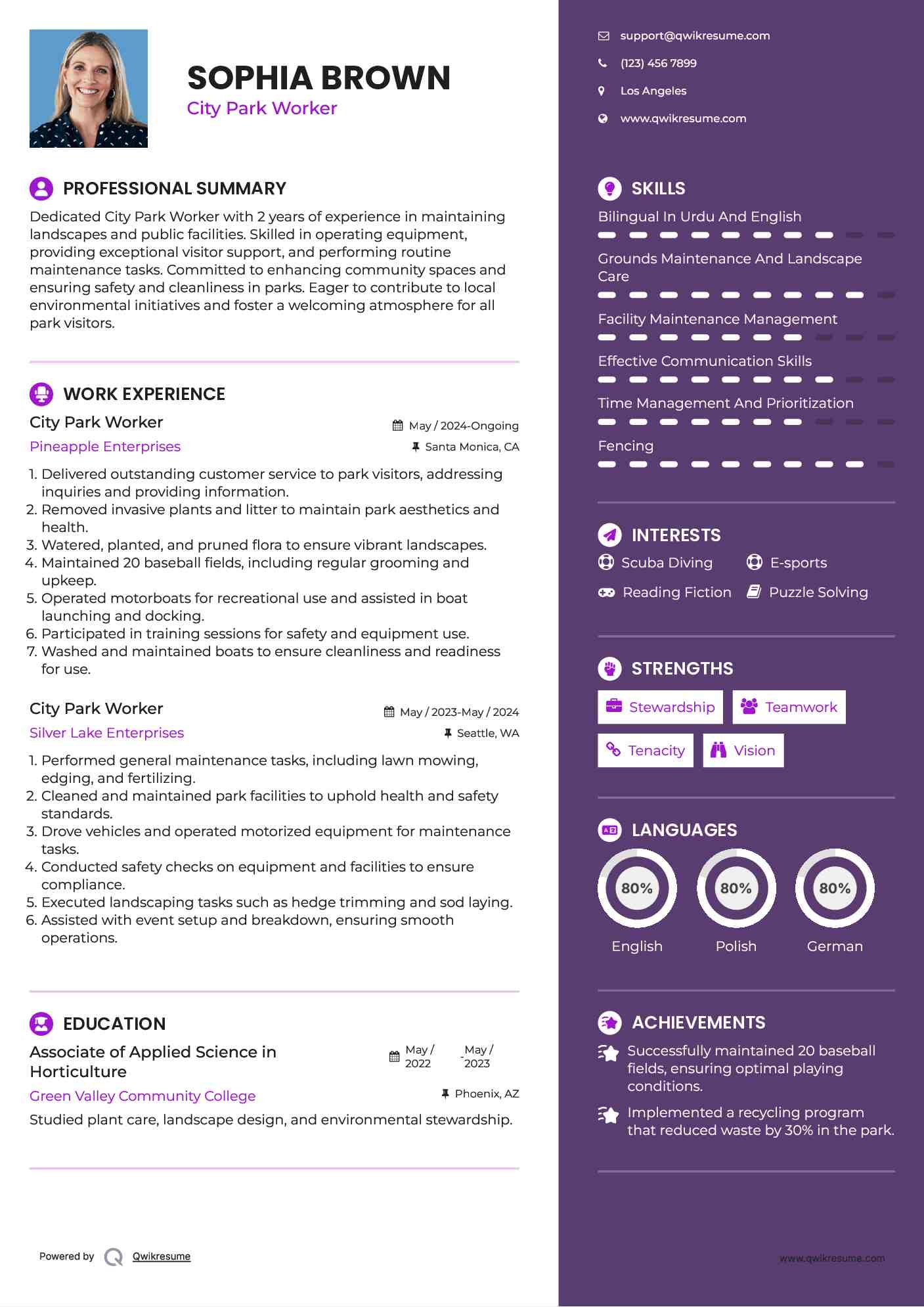 City Park Worker Resume Template
